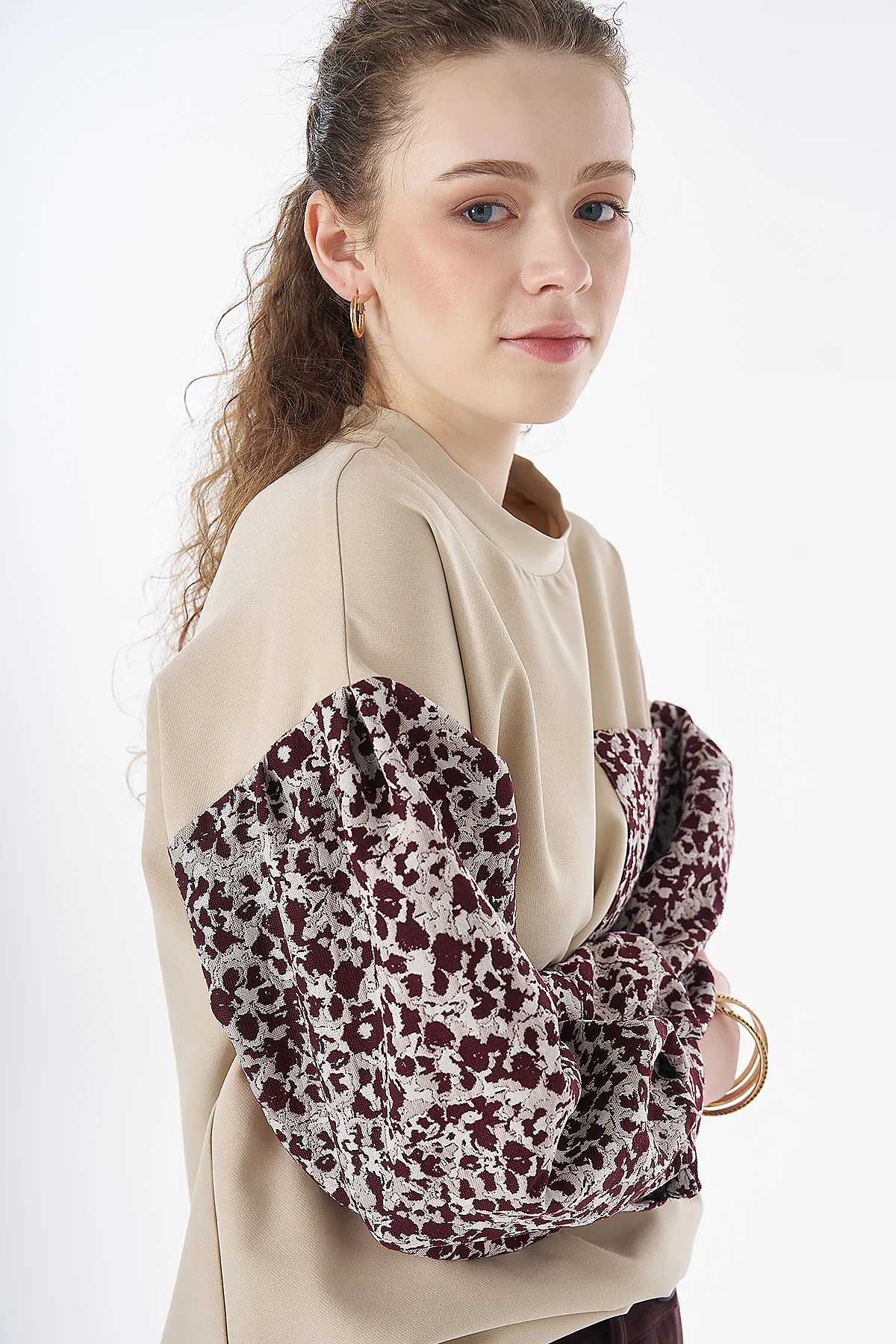 Kumaş Garnili Sweatshirt Taş