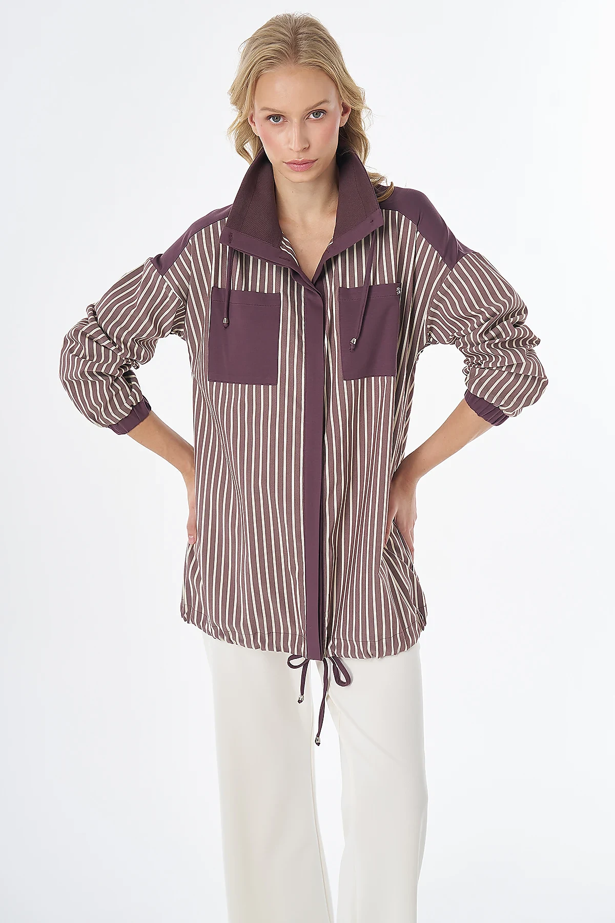 High-Neck Striped Cotton Tunic Burgundy