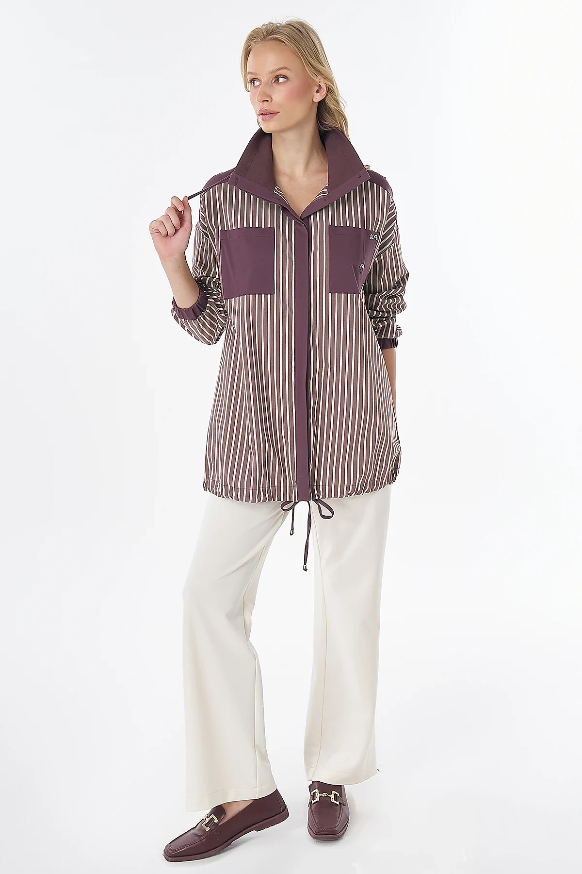 High-Neck Striped Cotton Tunic Burgundy