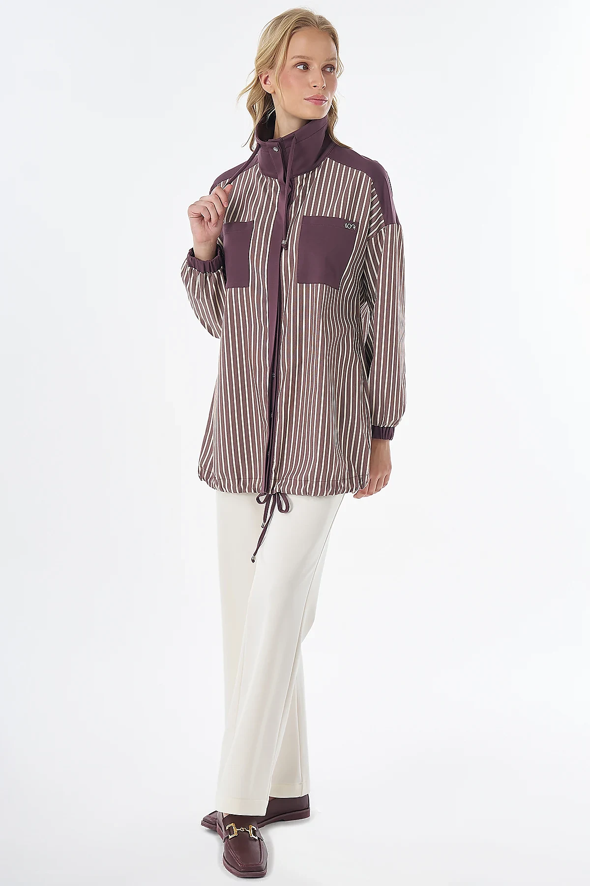 High-Neck Striped Cotton Tunic Burgundy