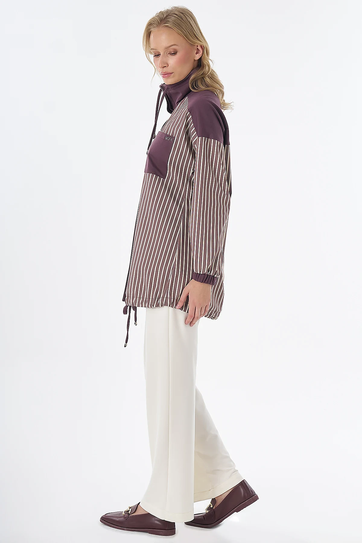 High-Neck Striped Cotton Tunic Burgundy