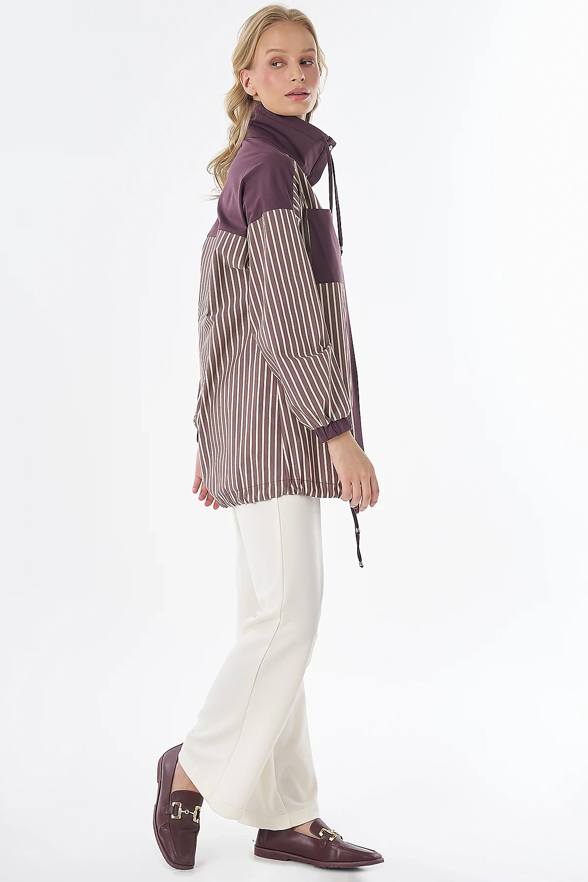 High-Neck Striped Cotton Tunic Burgundy