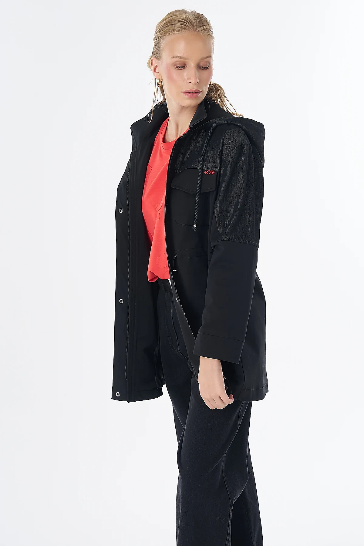 Fabric-Trimmed Short Trench Coat Black