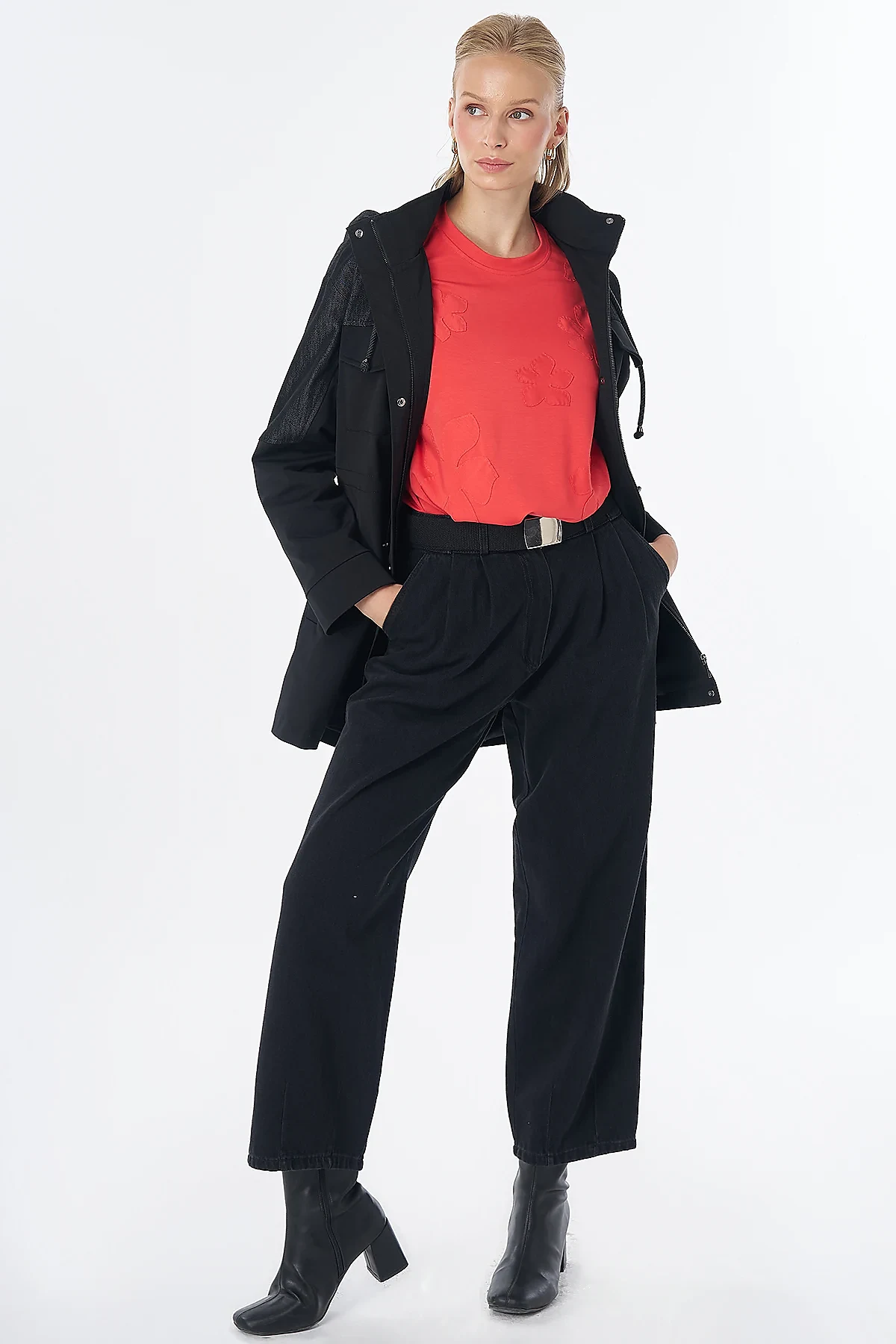 Fabric-Trimmed Short Trench Coat Black