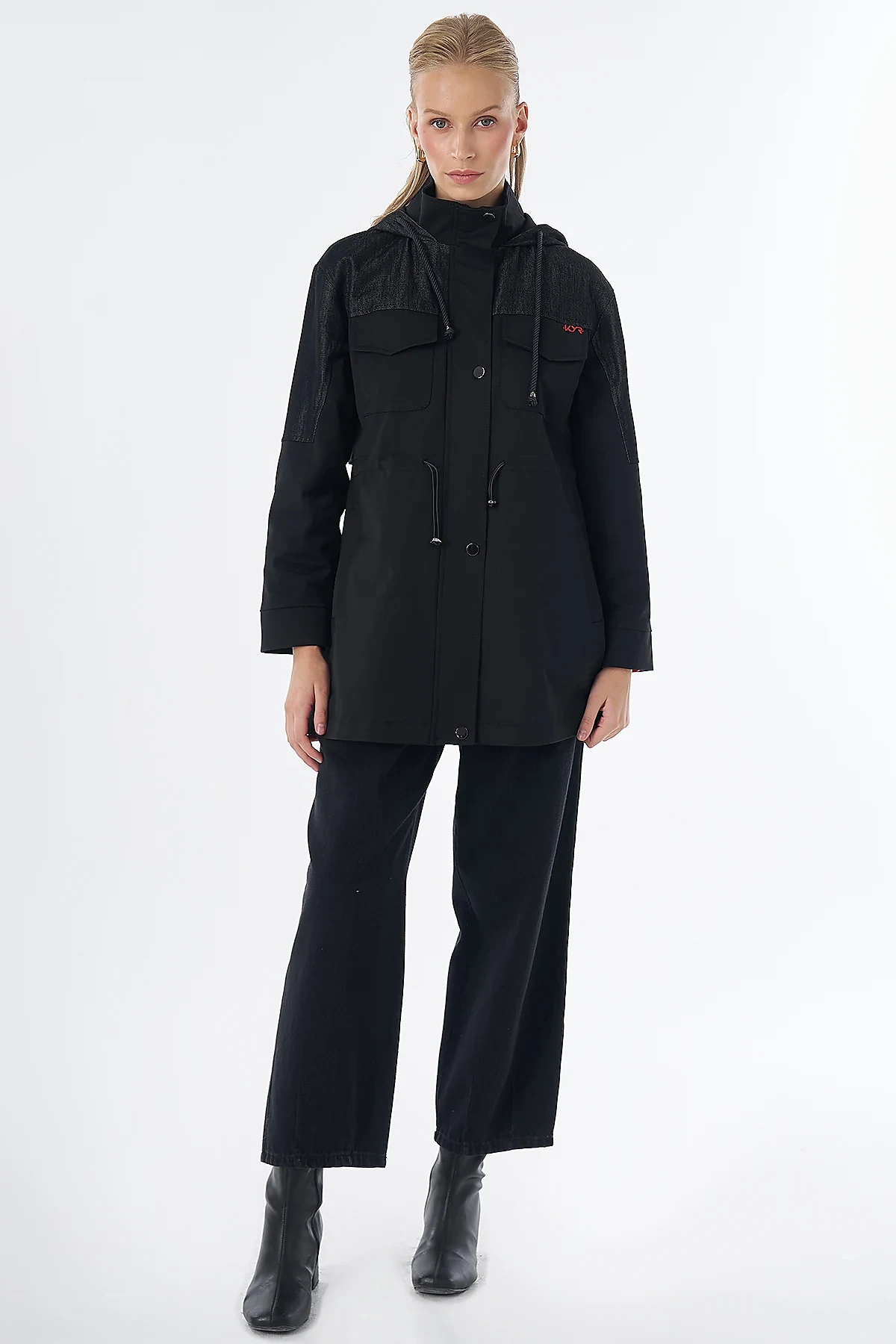 Fabric-Trimmed Short Trench Coat Black