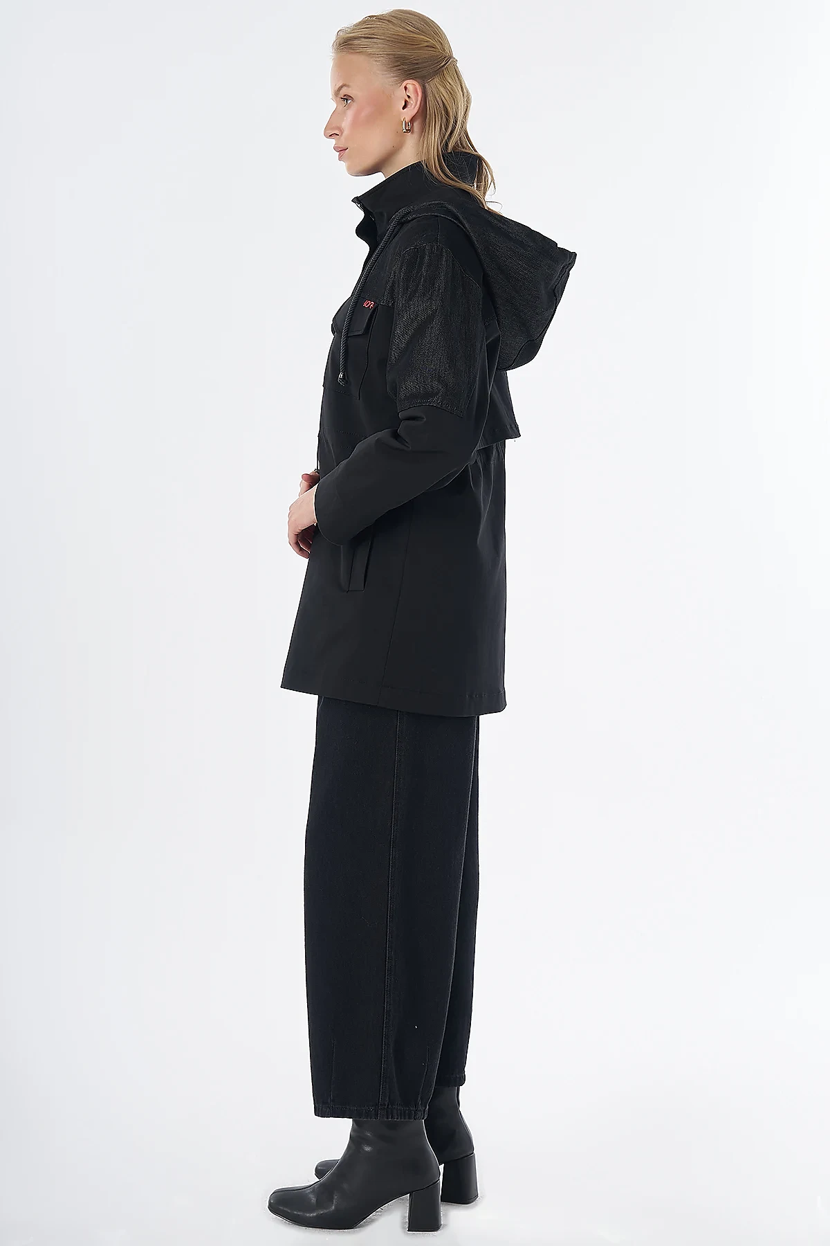 Fabric-Trimmed Short Trench Coat Black