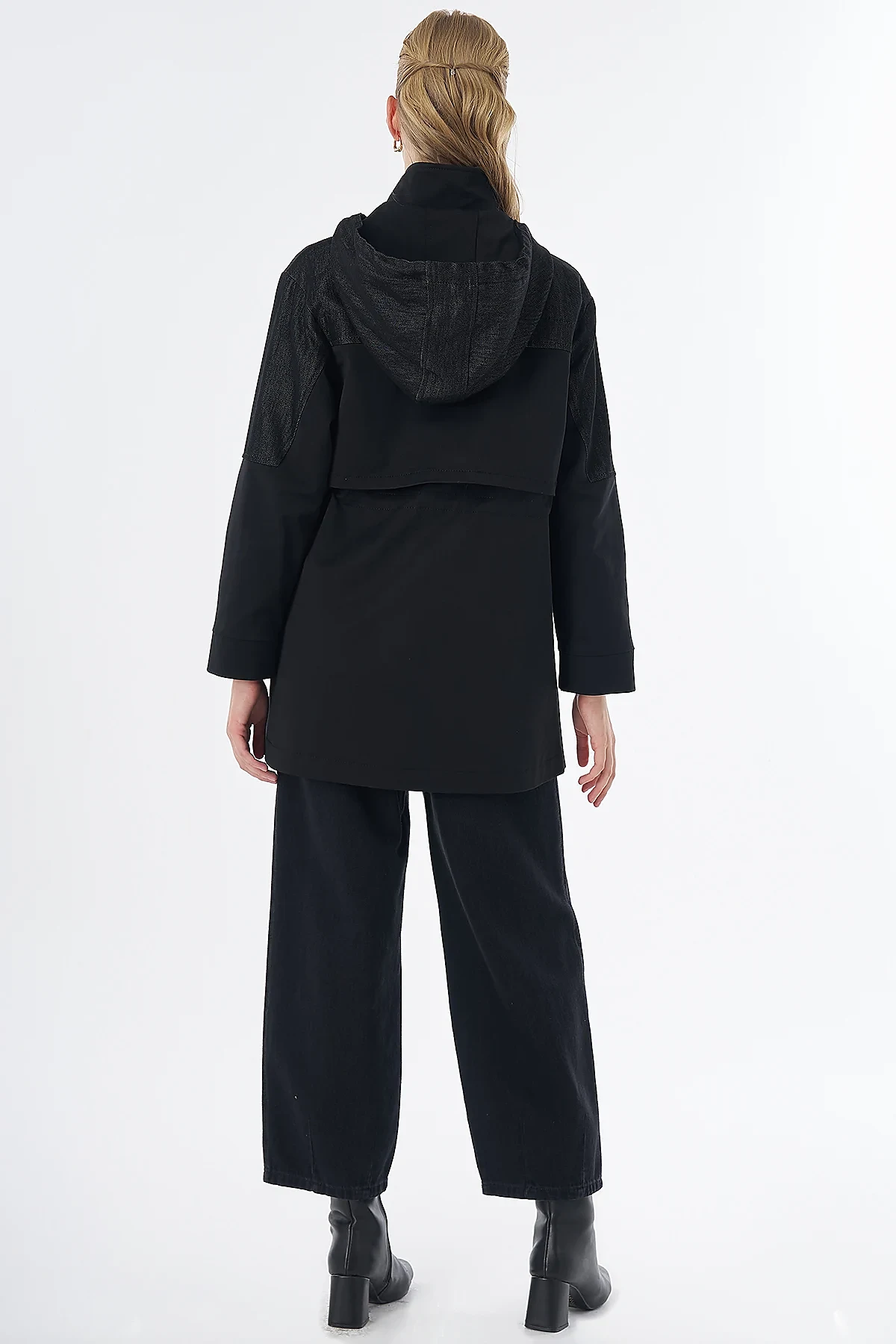 Fabric-Trimmed Short Trench Coat Black