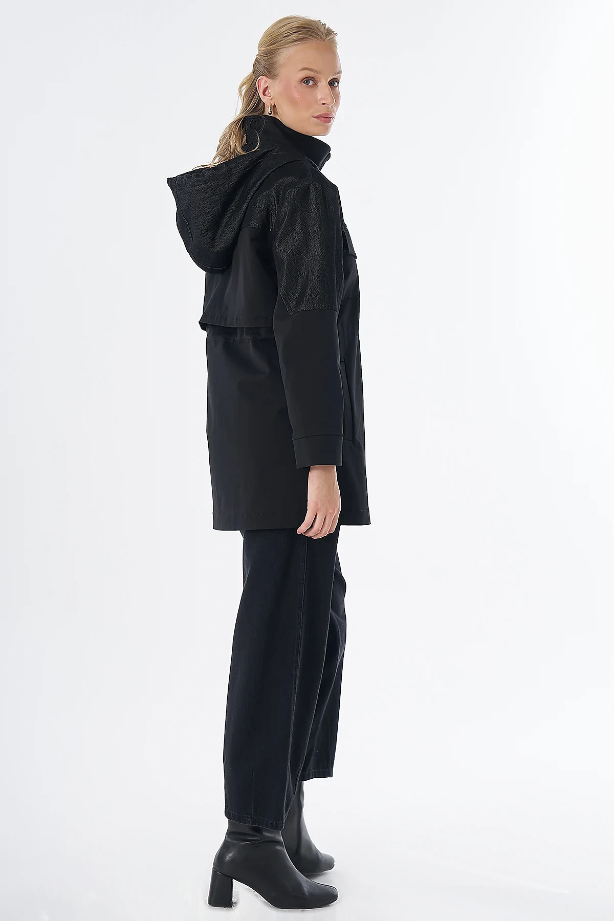 Fabric-Trimmed Short Trench Coat Black