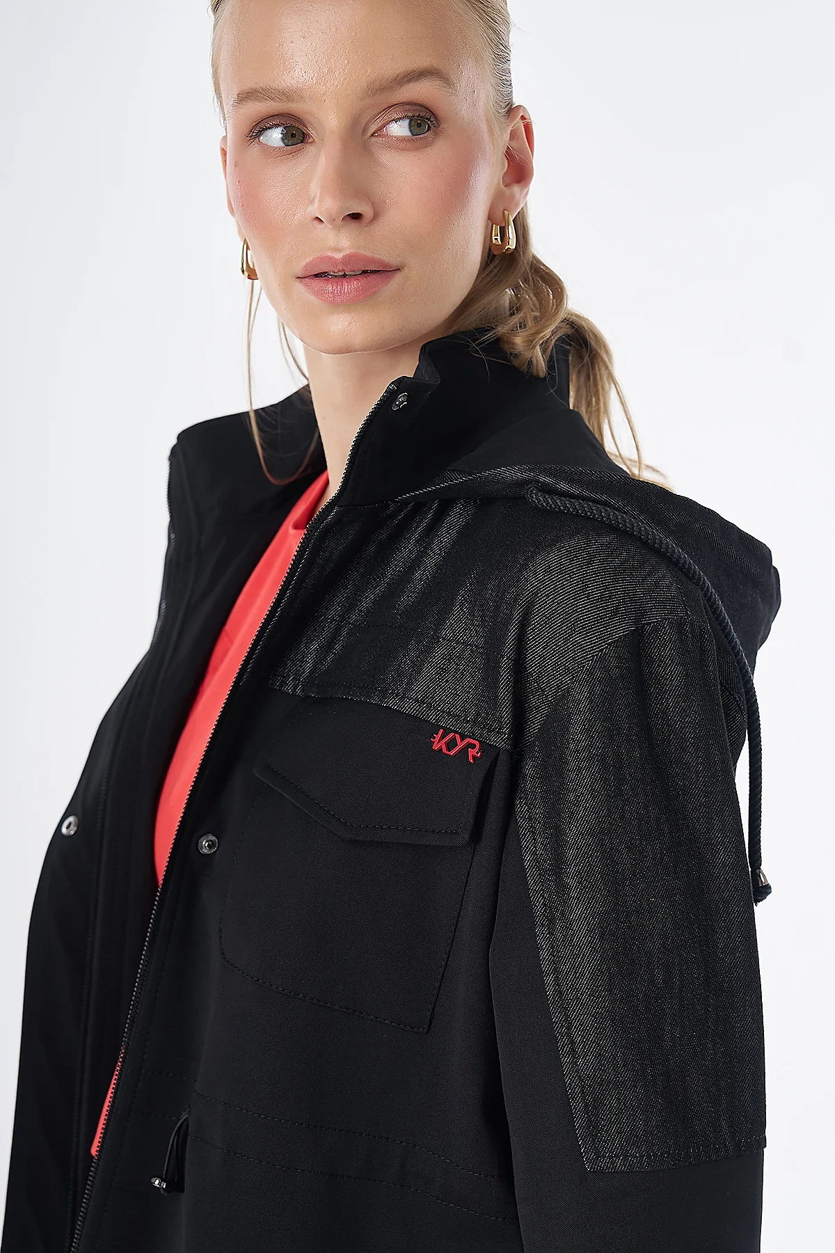 Fabric-Trimmed Short Trench Coat Black