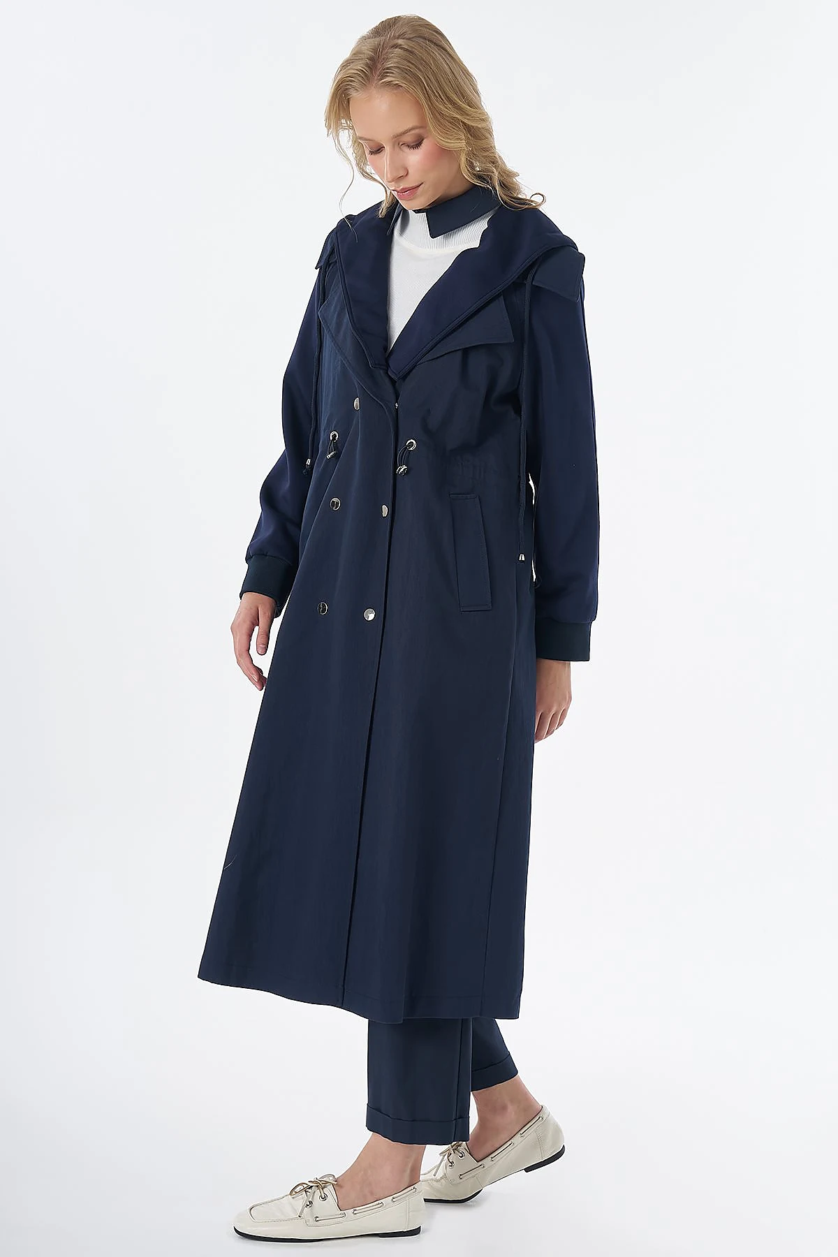 Waist-Drawstring Trench Coat Navy