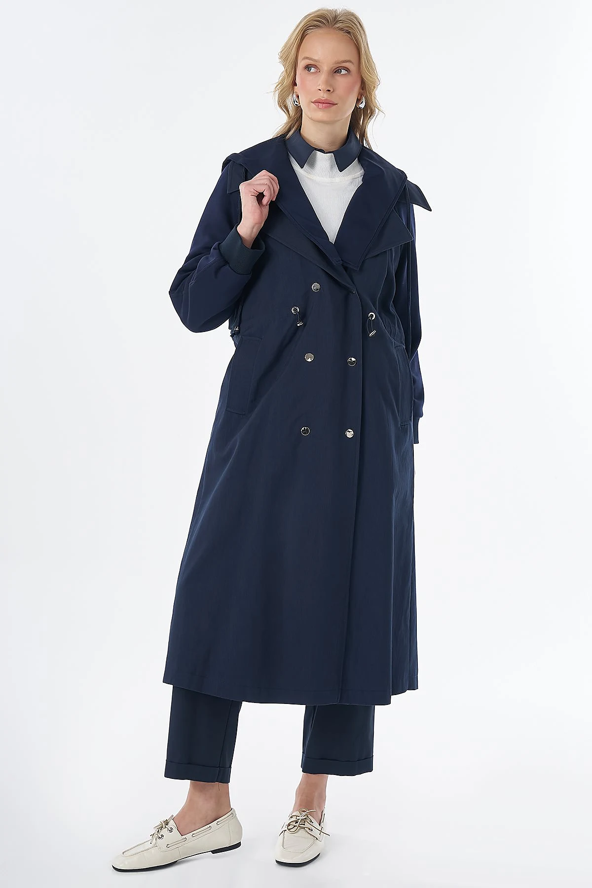Waist-Drawstring Trench Coat Navy