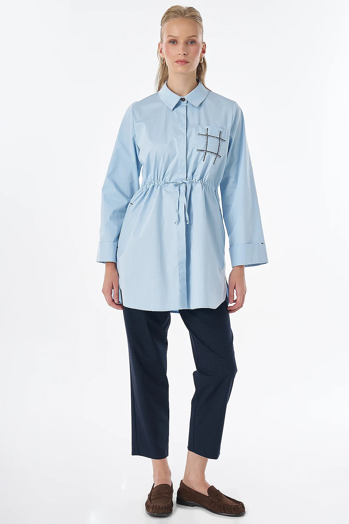 Drawstring Waist Cotton Tunic Blue