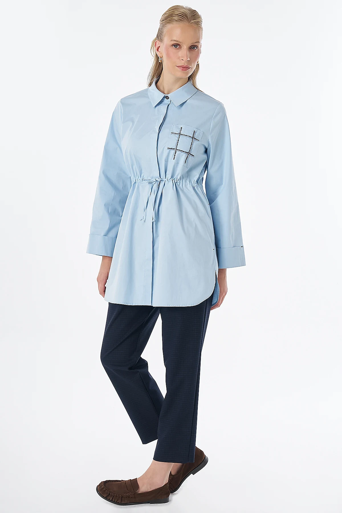 Drawstring Waist Cotton Tunic Blue