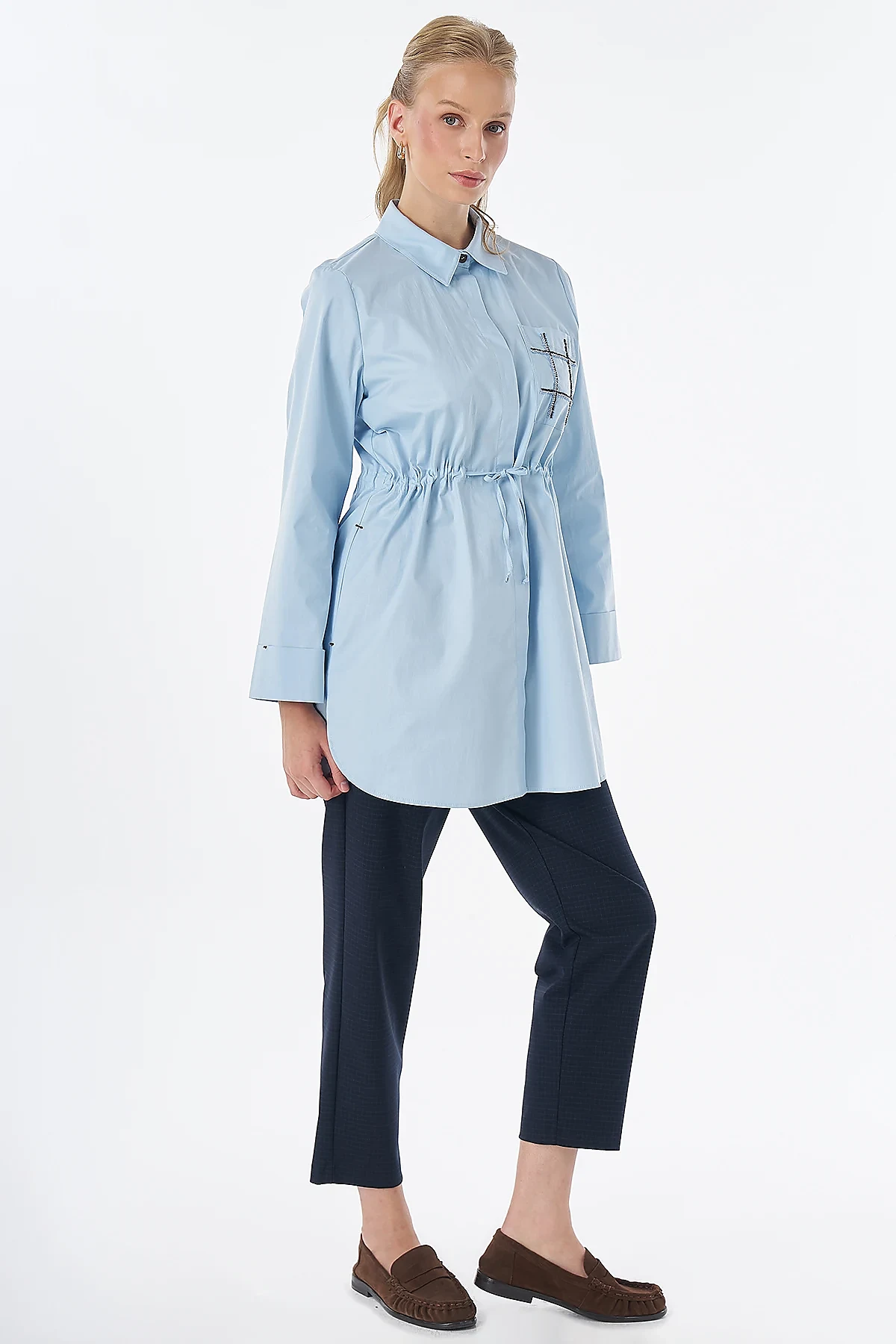 Drawstring Waist Cotton Tunic Blue