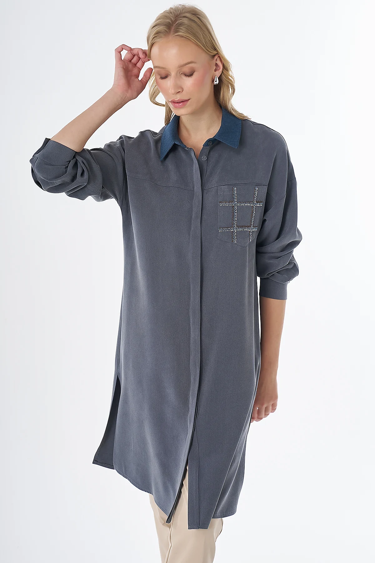 Beaded Lyocell Viscose Tunic Charcoal