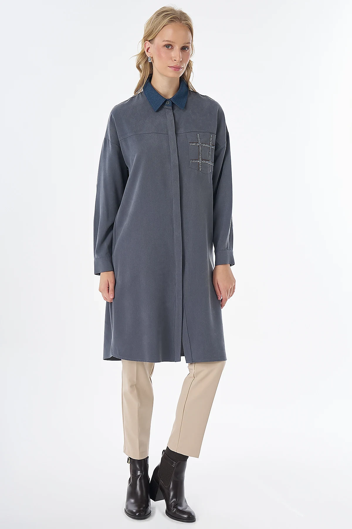 Beaded Lyocell Viscose Tunic Charcoal