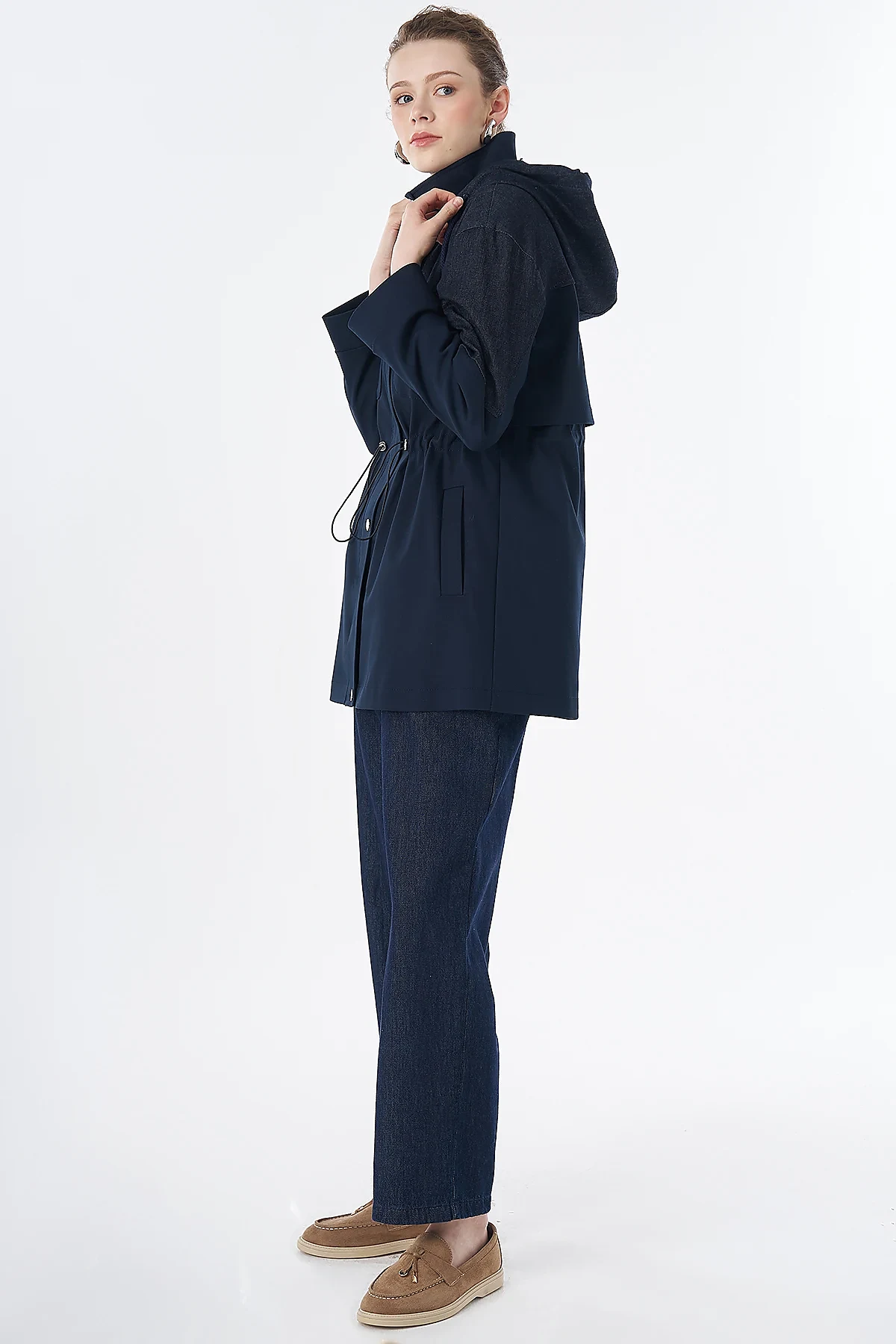 Fabric-Trimmed Short Trench Coat Navy