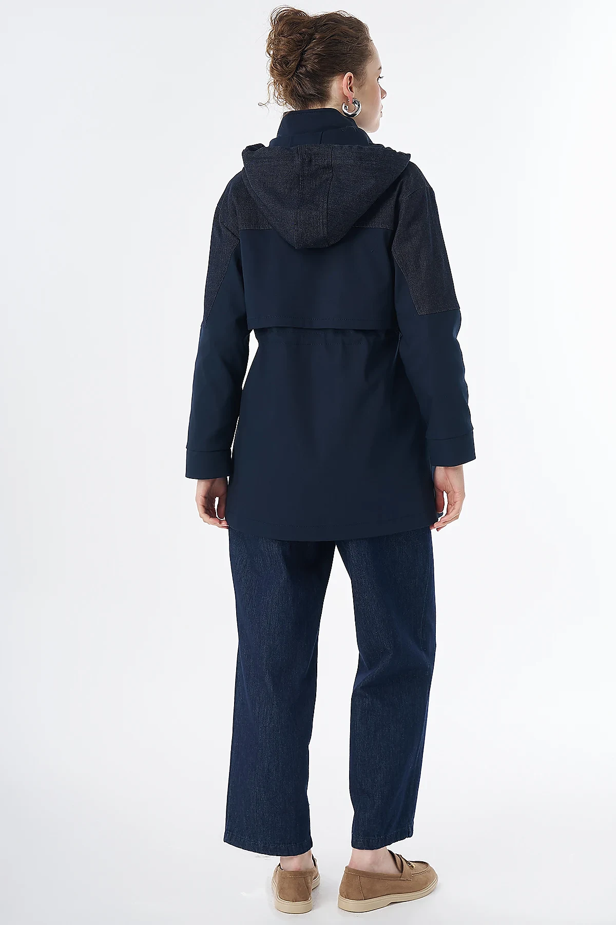 Fabric-Trimmed Short Trench Coat Navy