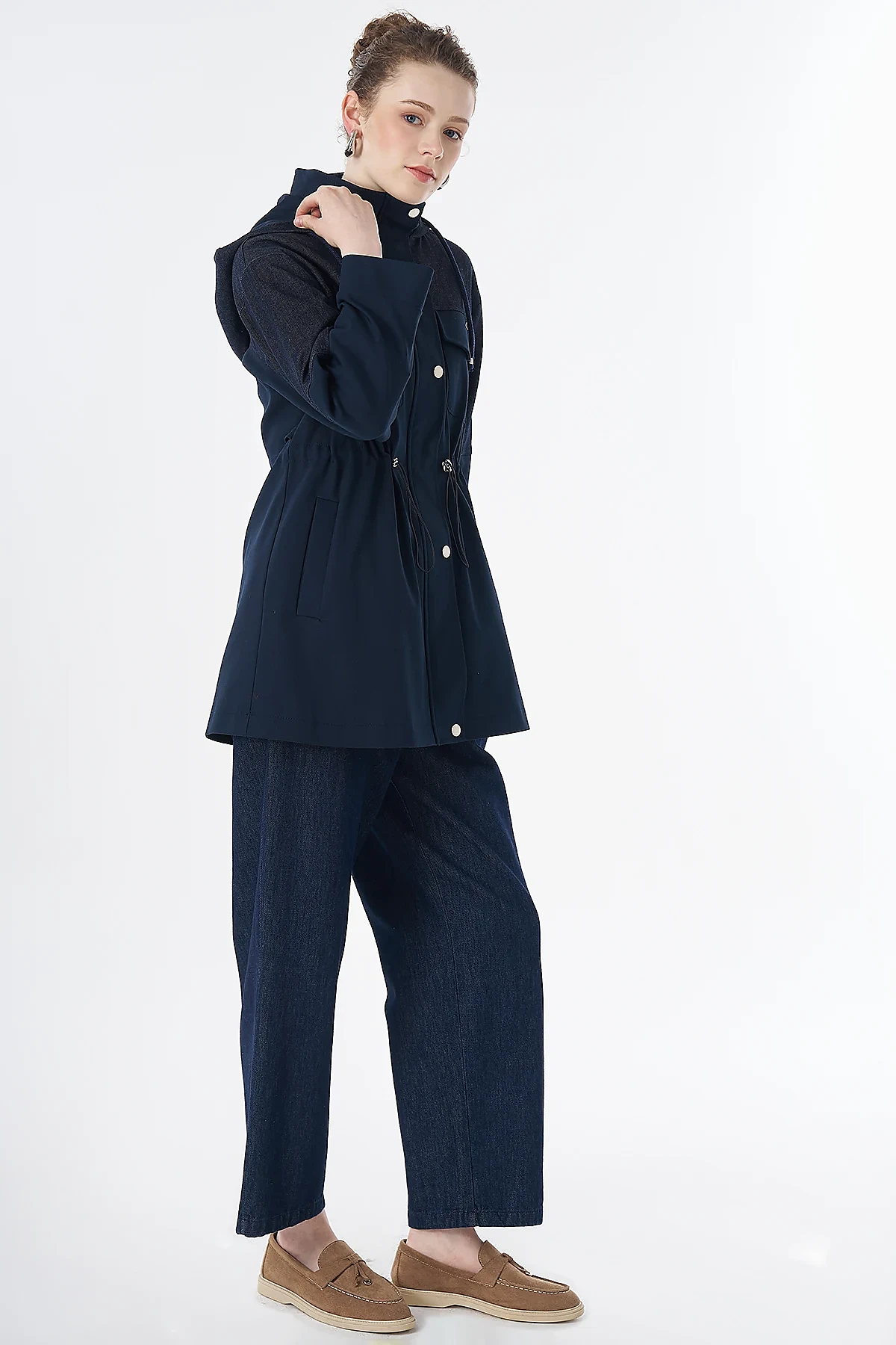 Fabric-Trimmed Short Trench Coat Navy