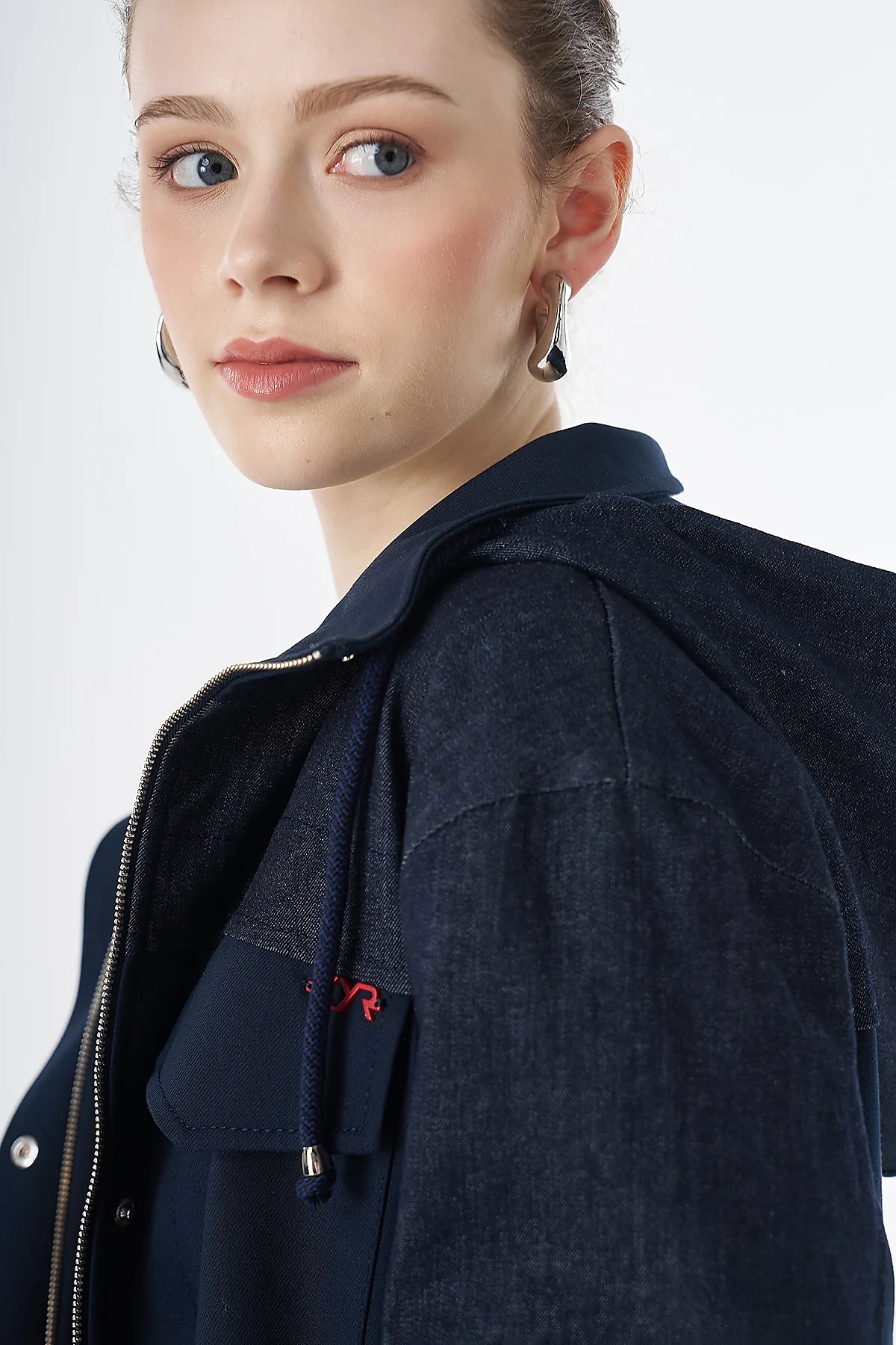 Fabric-Trimmed Short Trench Coat Navy