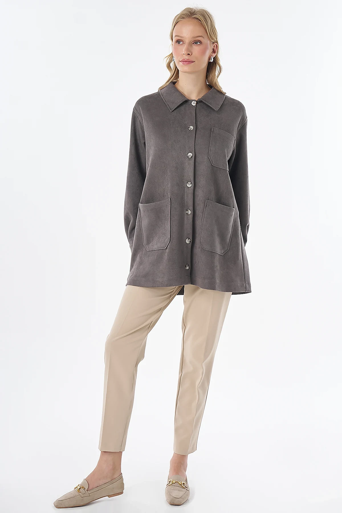 Suede Tunic with Patch Pockets Charcoal