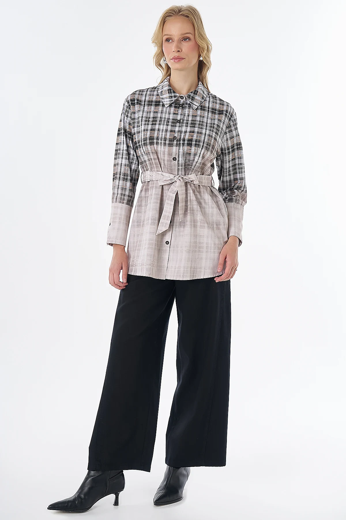 Patterned Wide-Cuff Tunic Brown