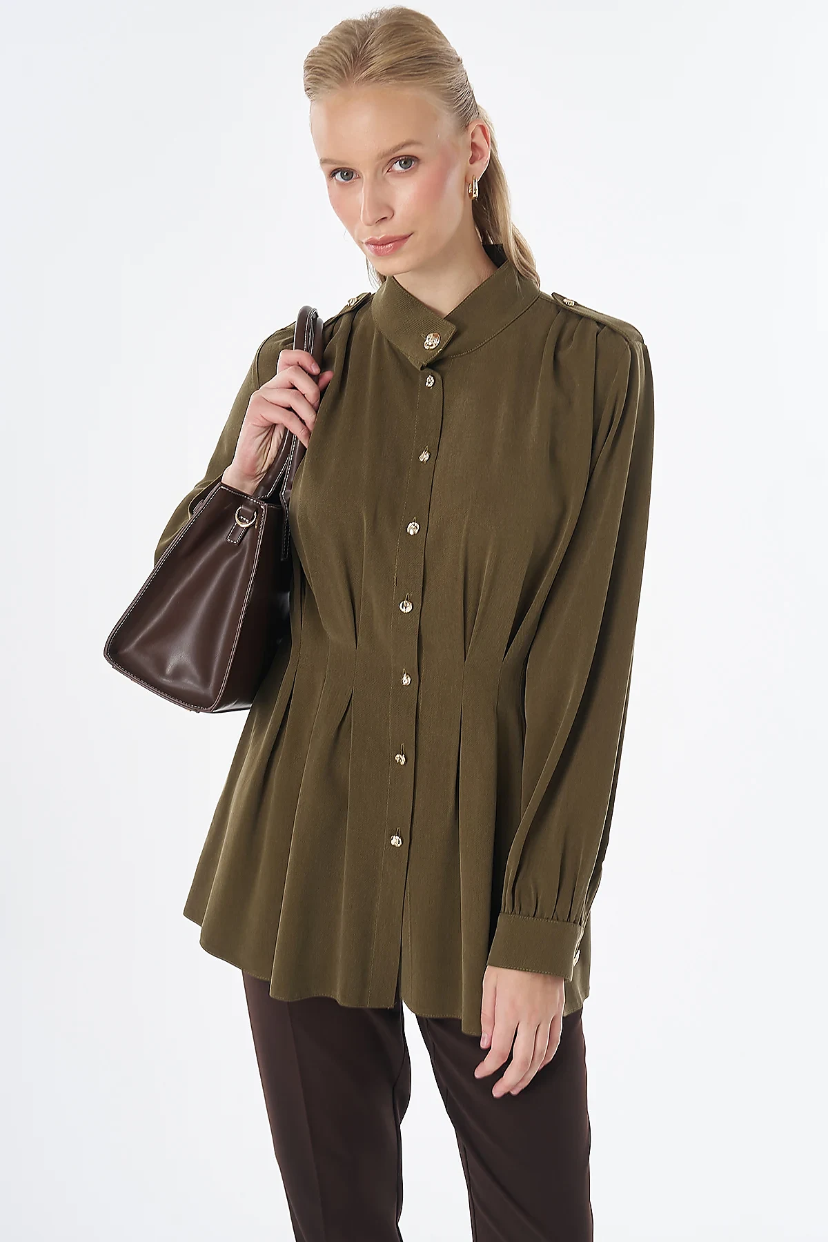 Pleated Viscose Lyocell Tunic Khaki