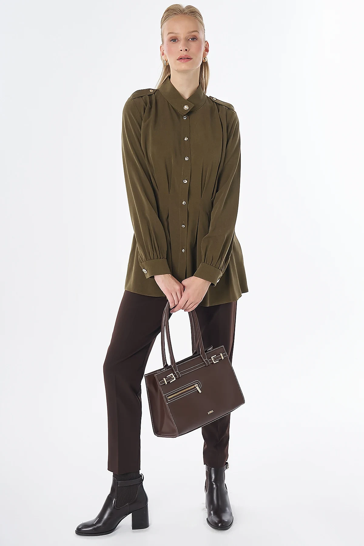 Pleated Viscose Lyocell Tunic Khaki