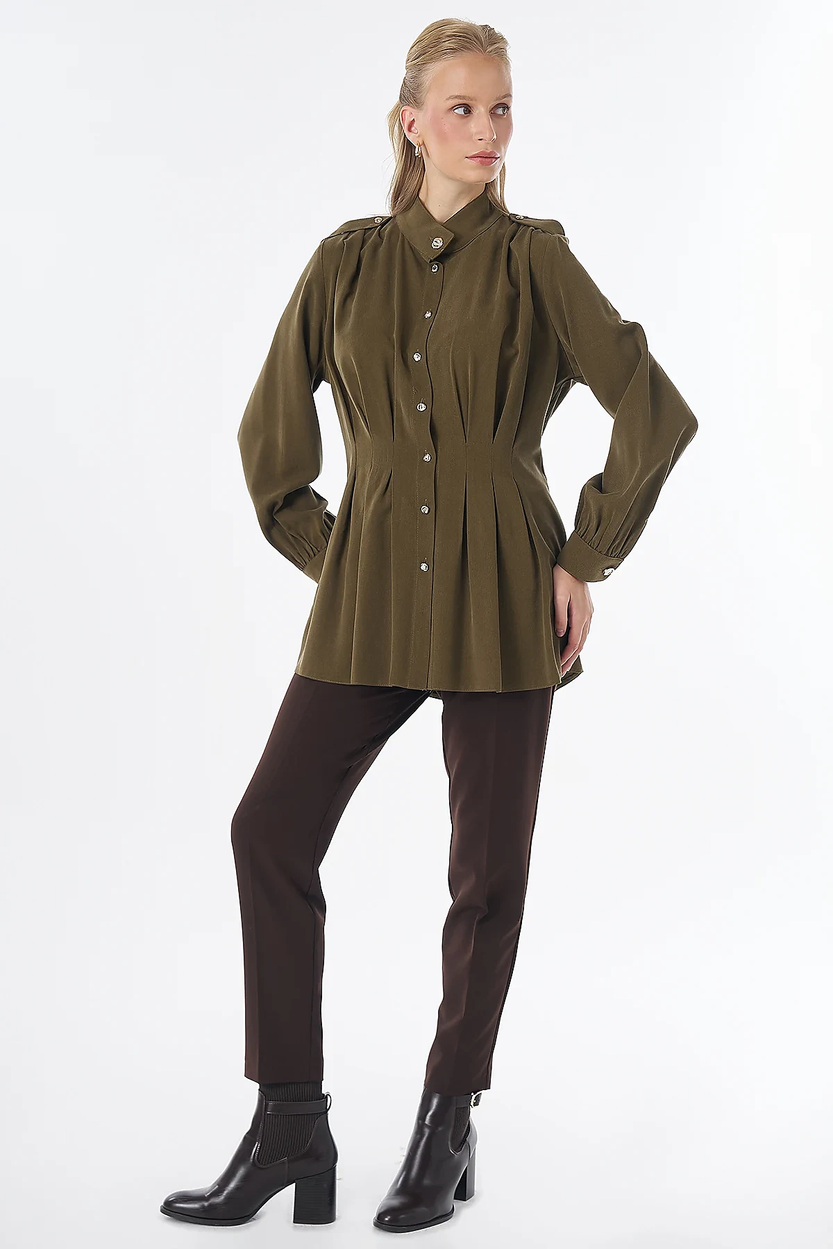 Pleated Viscose Lyocell Tunic Khaki