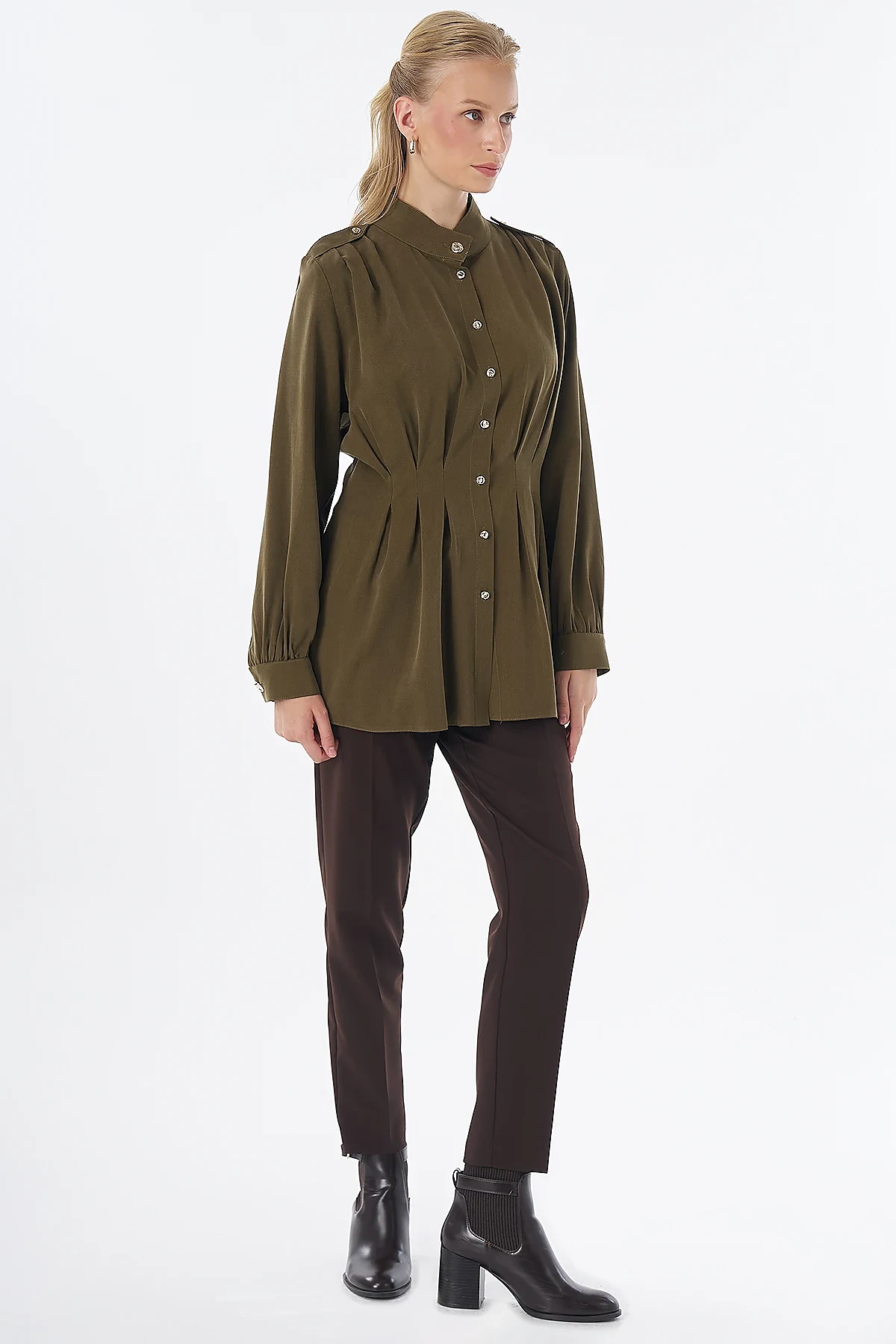 Pleated Viscose Lyocell Tunic Khaki