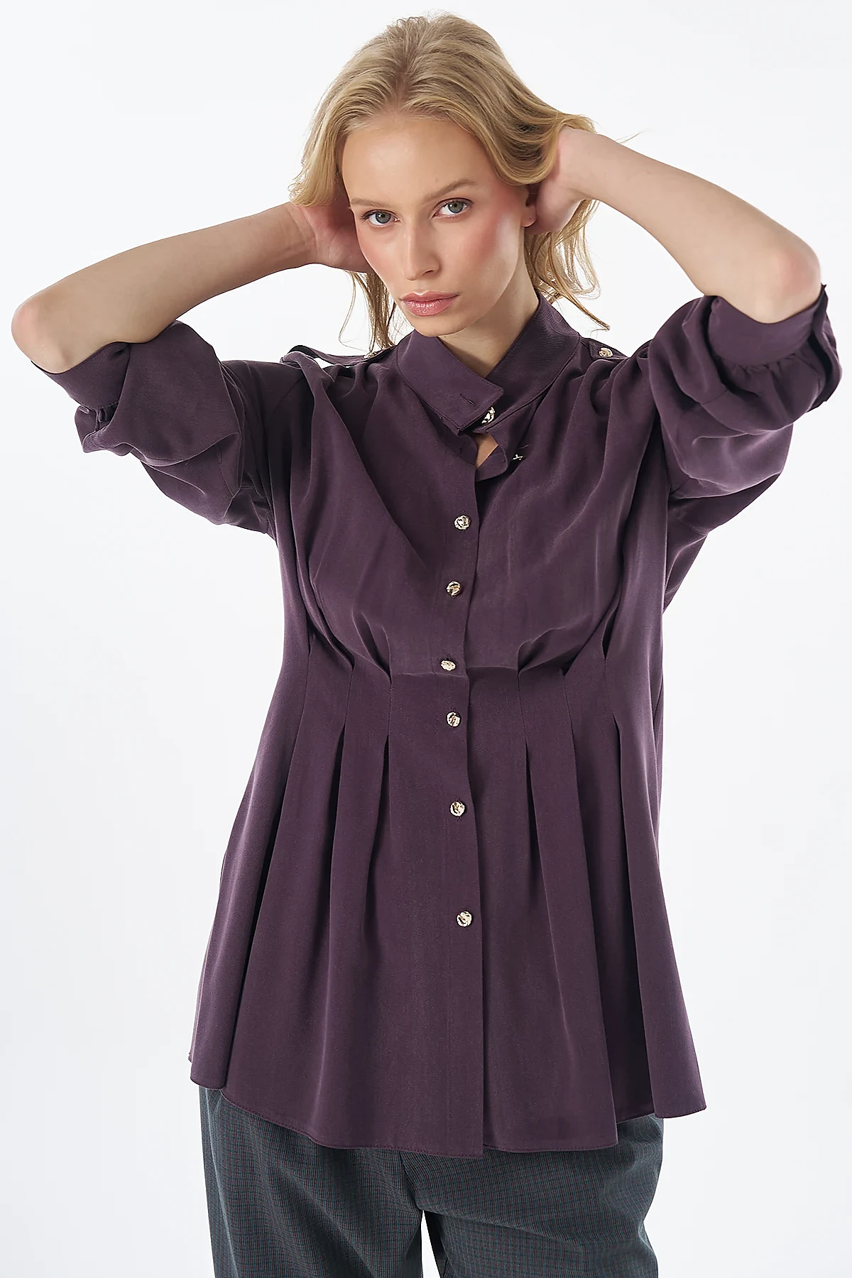 Pleated Viscose Lyocell Tunic Plum
