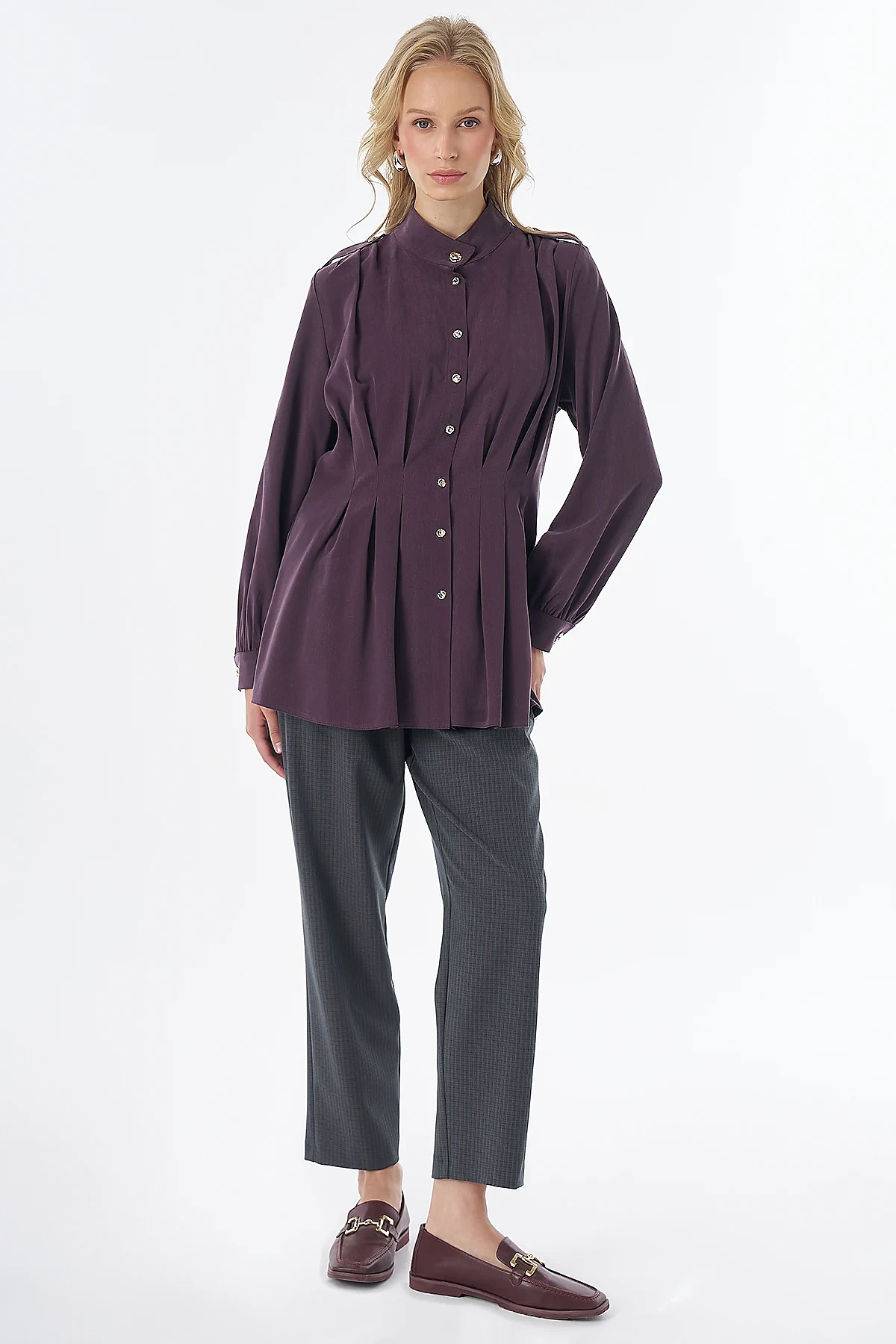 Pleated Viscose Lyocell Tunic Plum