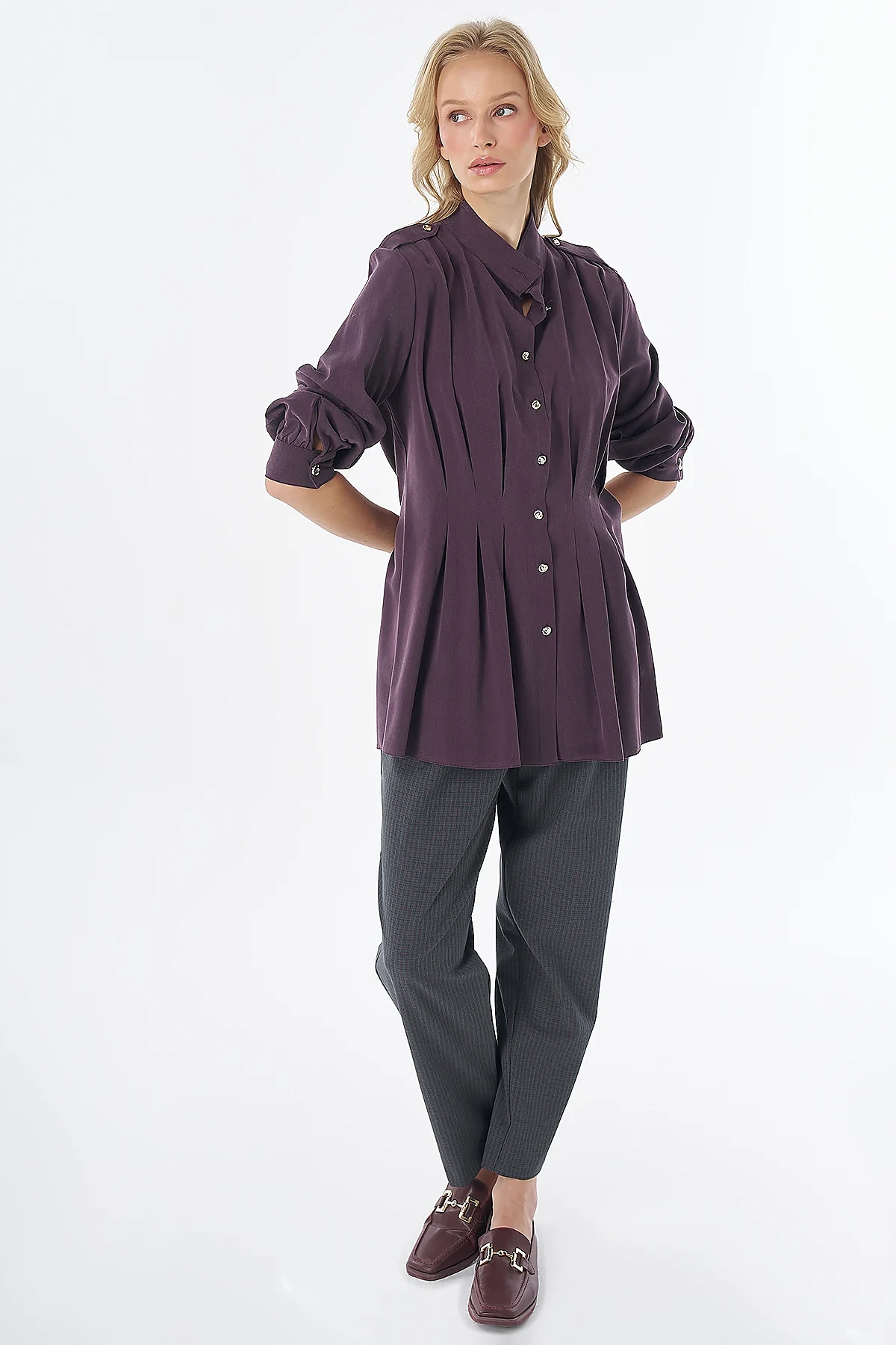 Pleated Viscose Lyocell Tunic Plum