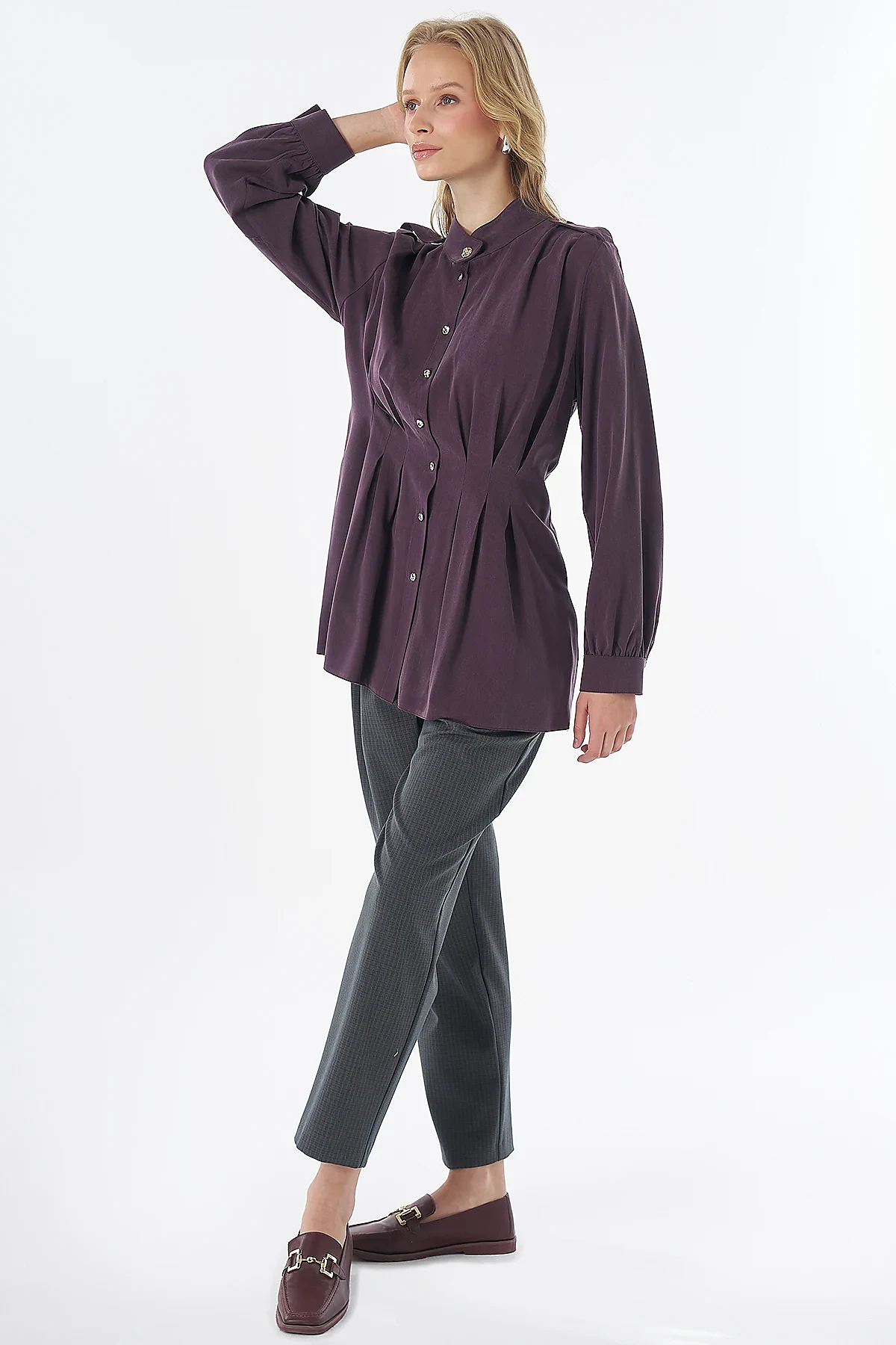 Pleated Viscose Lyocell Tunic Plum