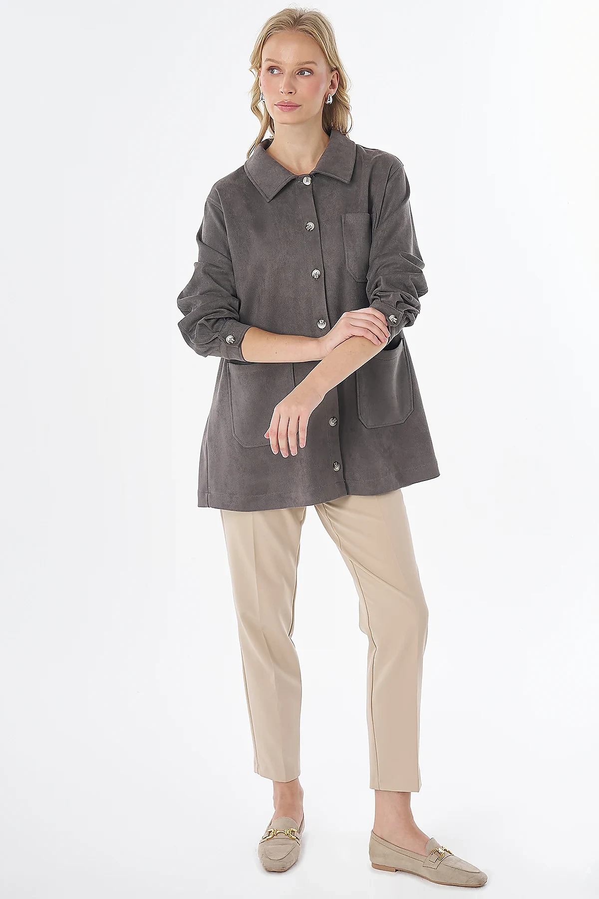 Suede Tunic with Patch Pockets Charcoal