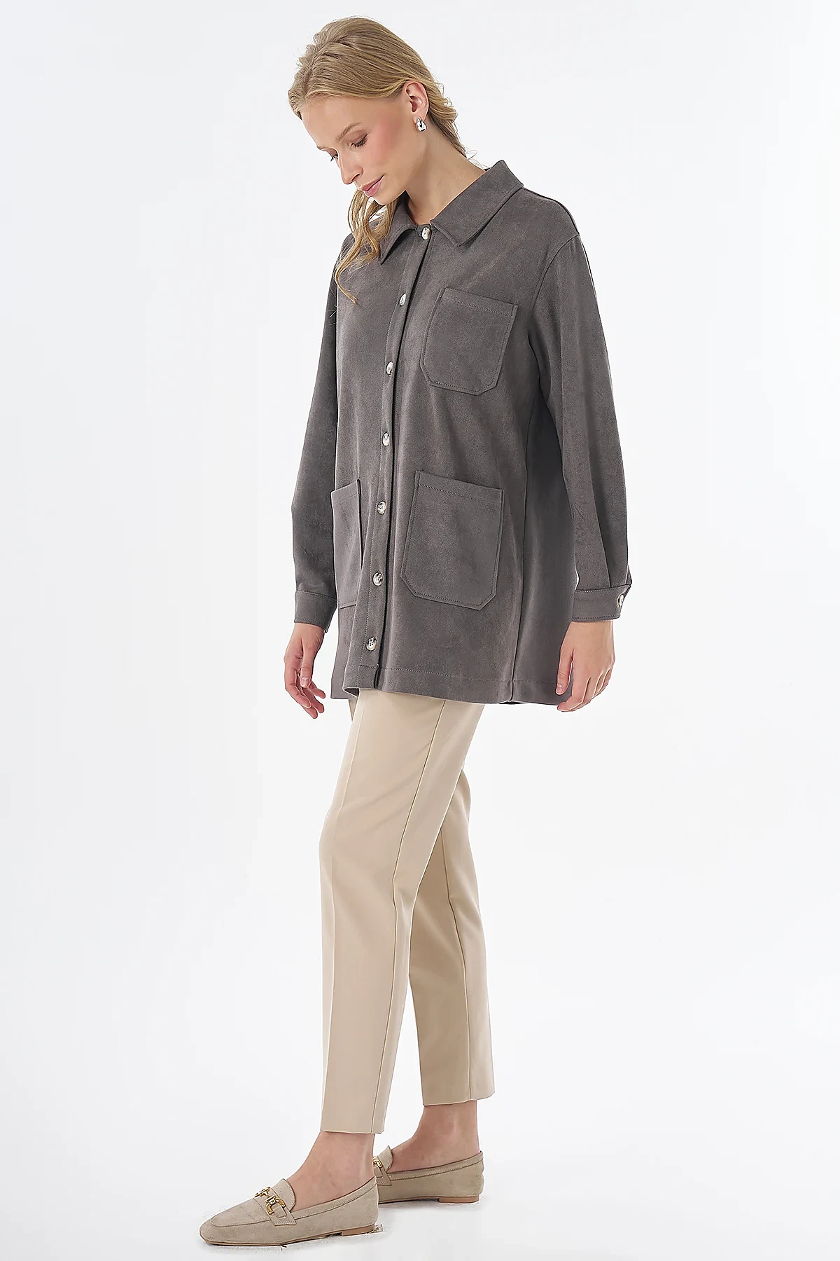 Suede Tunic with Patch Pockets Charcoal
