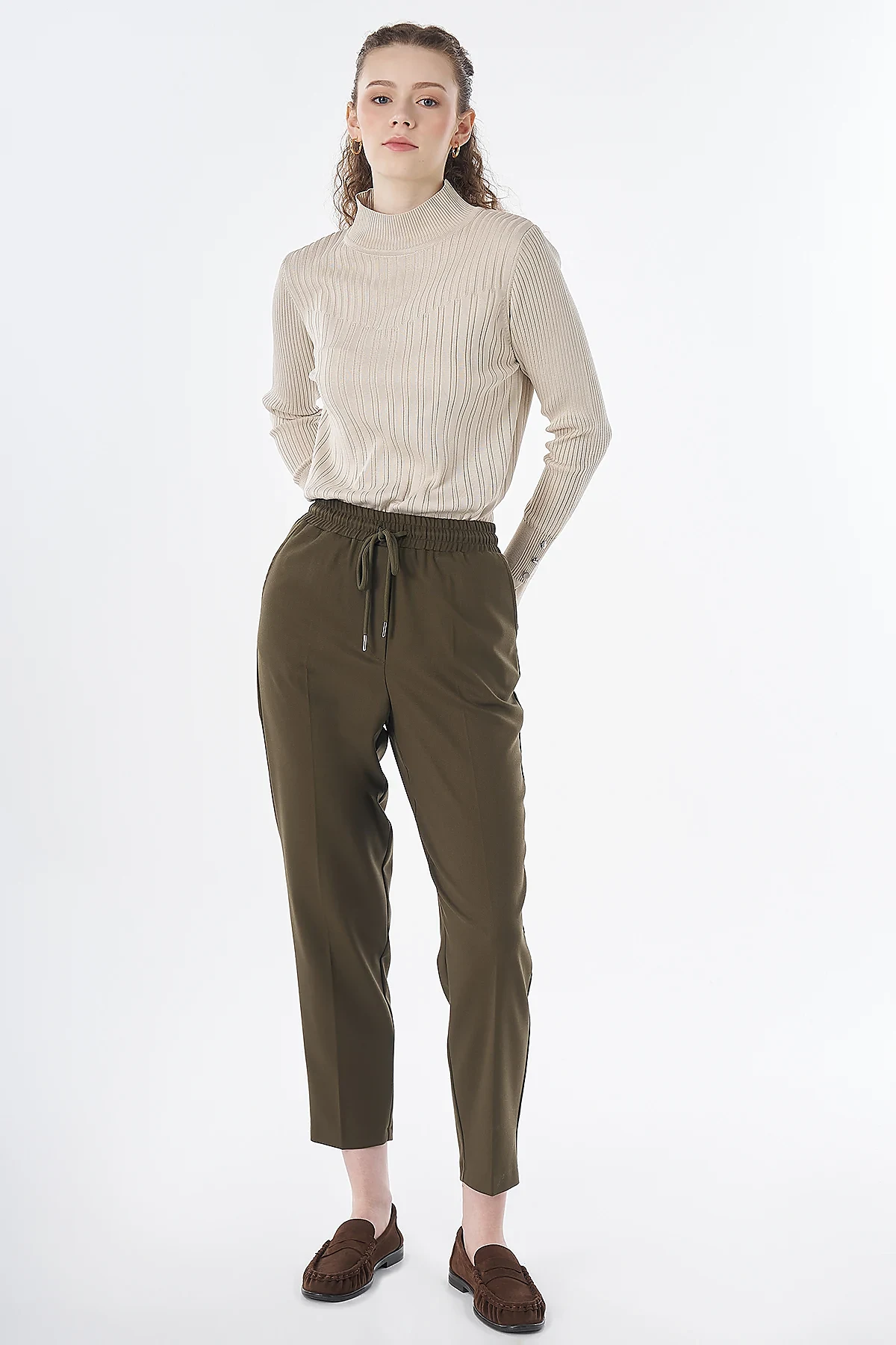 Elastic Waist Tie-Front Trousers Khaki