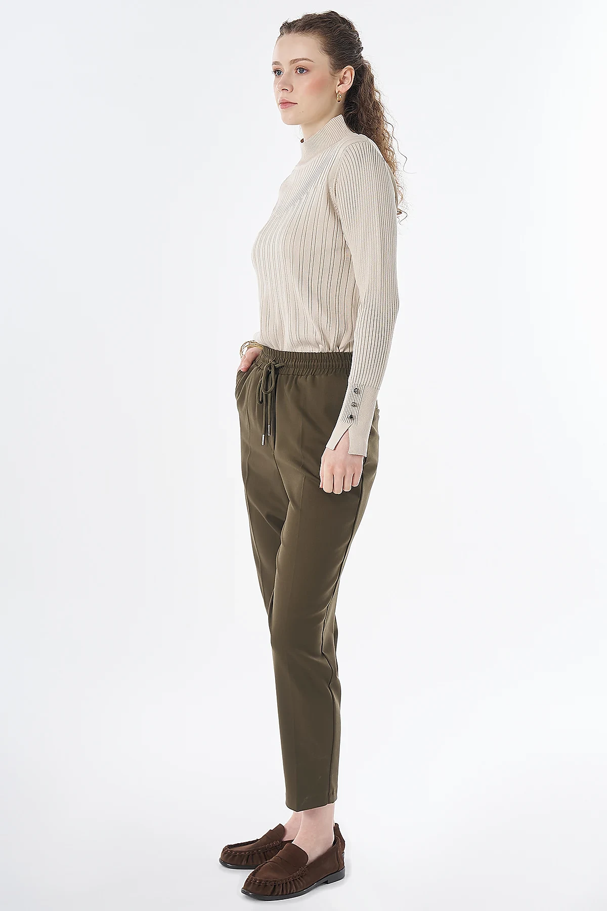 Elastic Waist Tie-Front Trousers Khaki