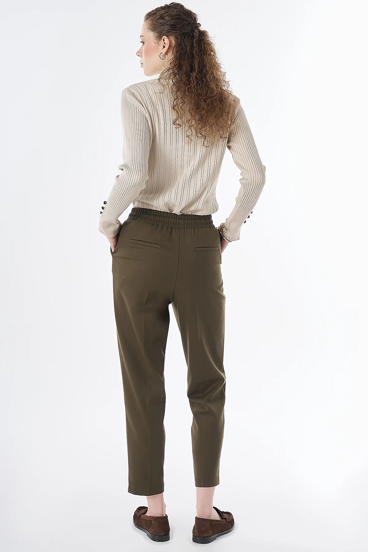 Elastic Waist Tie-Front Trousers Khaki