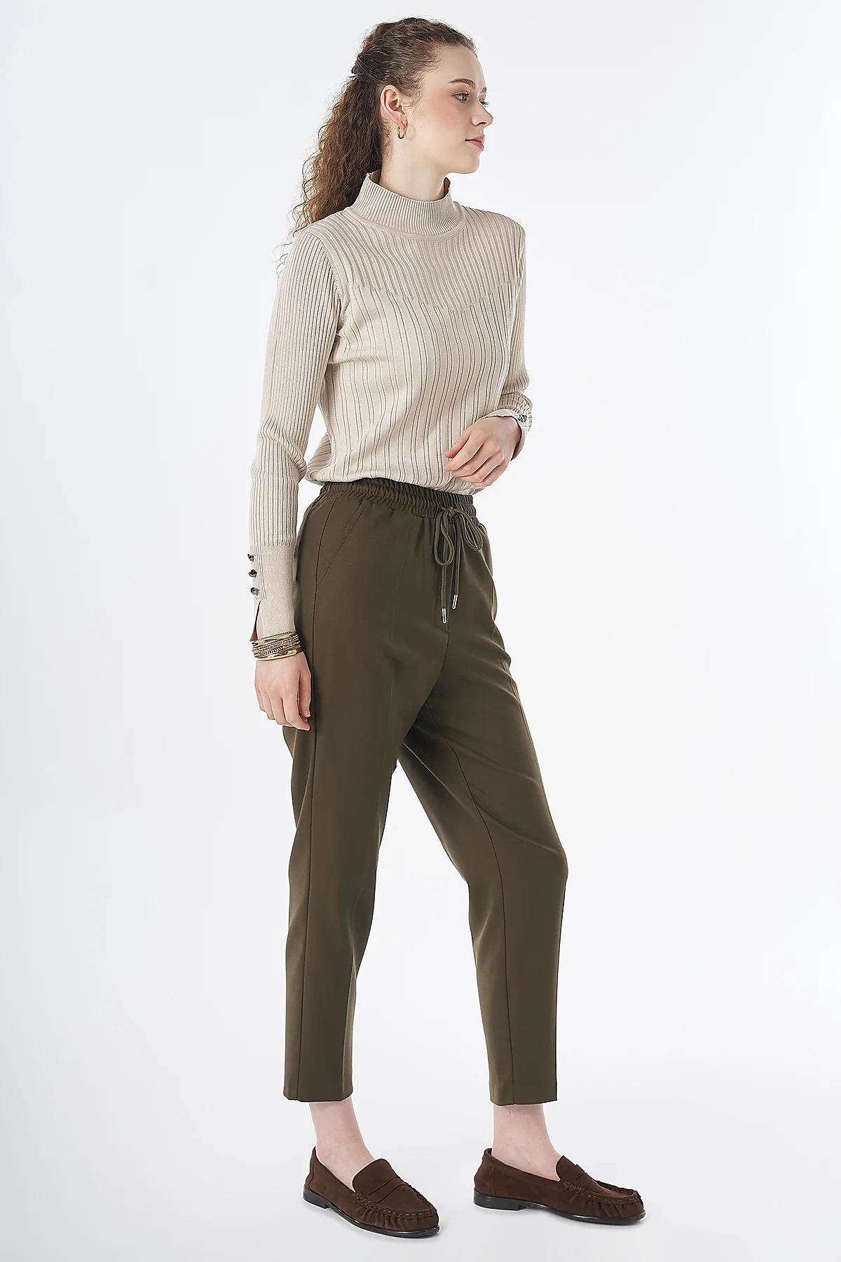 Elastic Waist Tie-Front Trousers Khaki