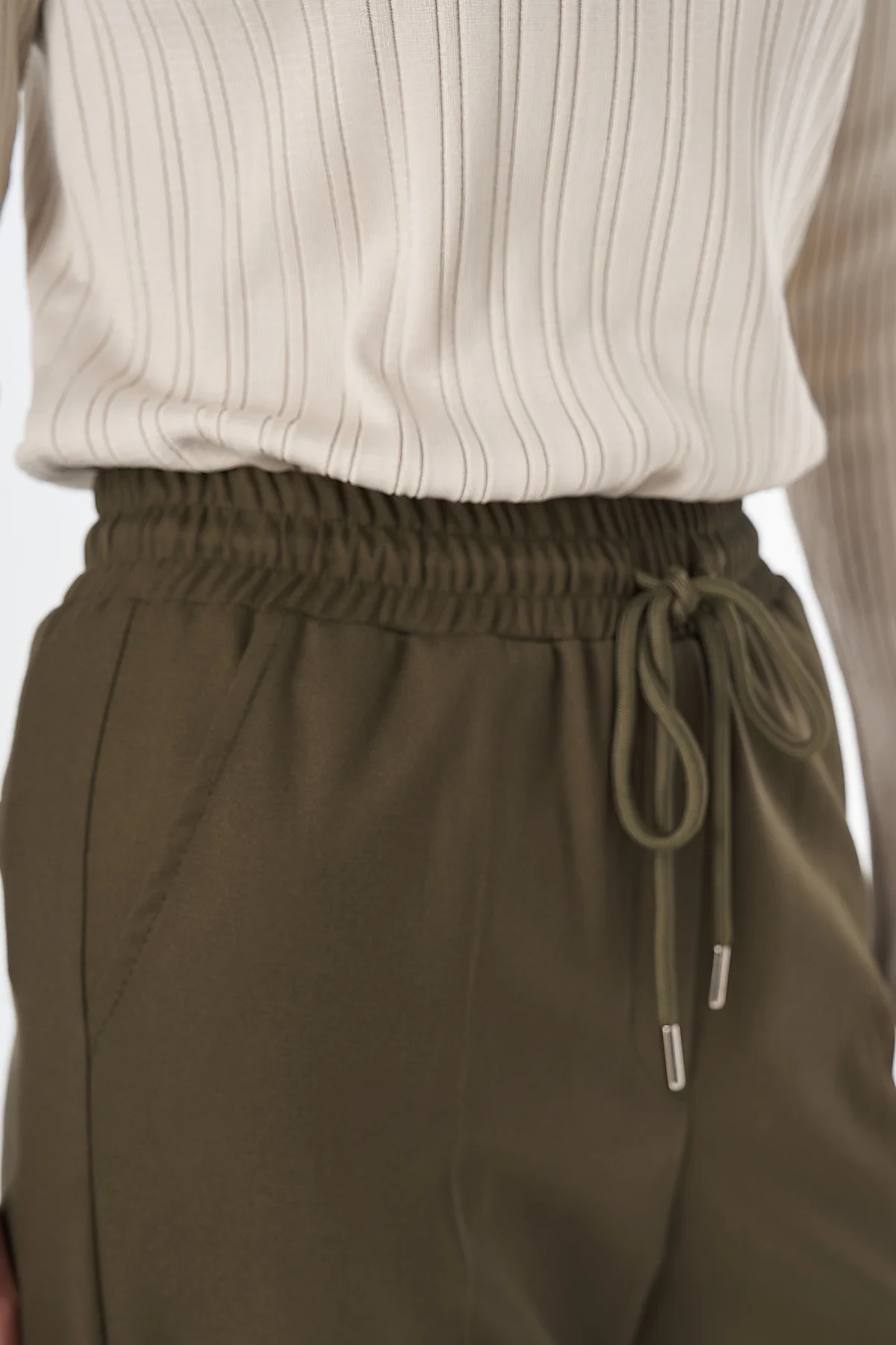 Elastic Waist Tie-Front Trousers Khaki