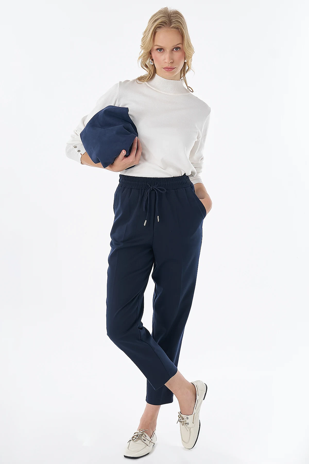Elastic Waist Tie-Front Trousers Navy
