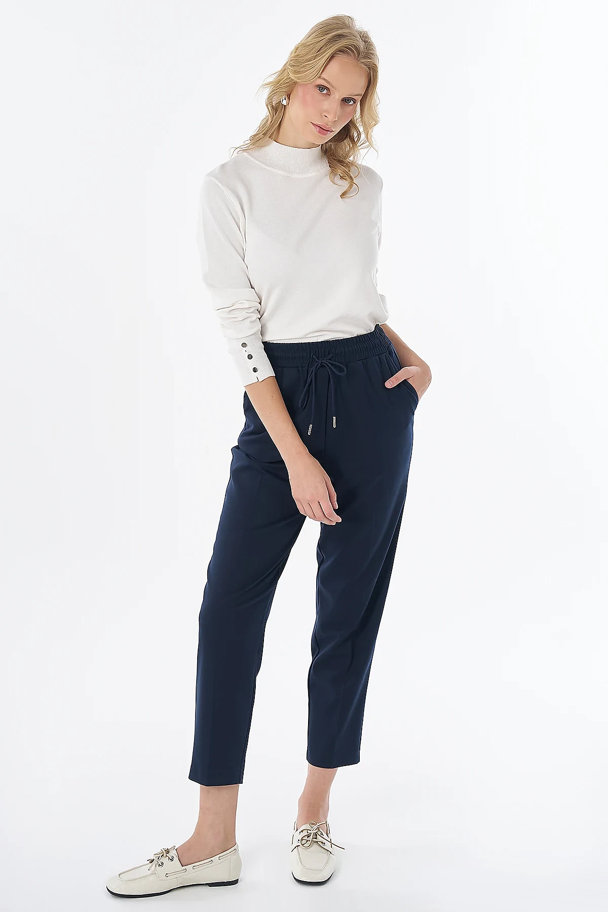 Elastic Waist Tie-Front Trousers Navy