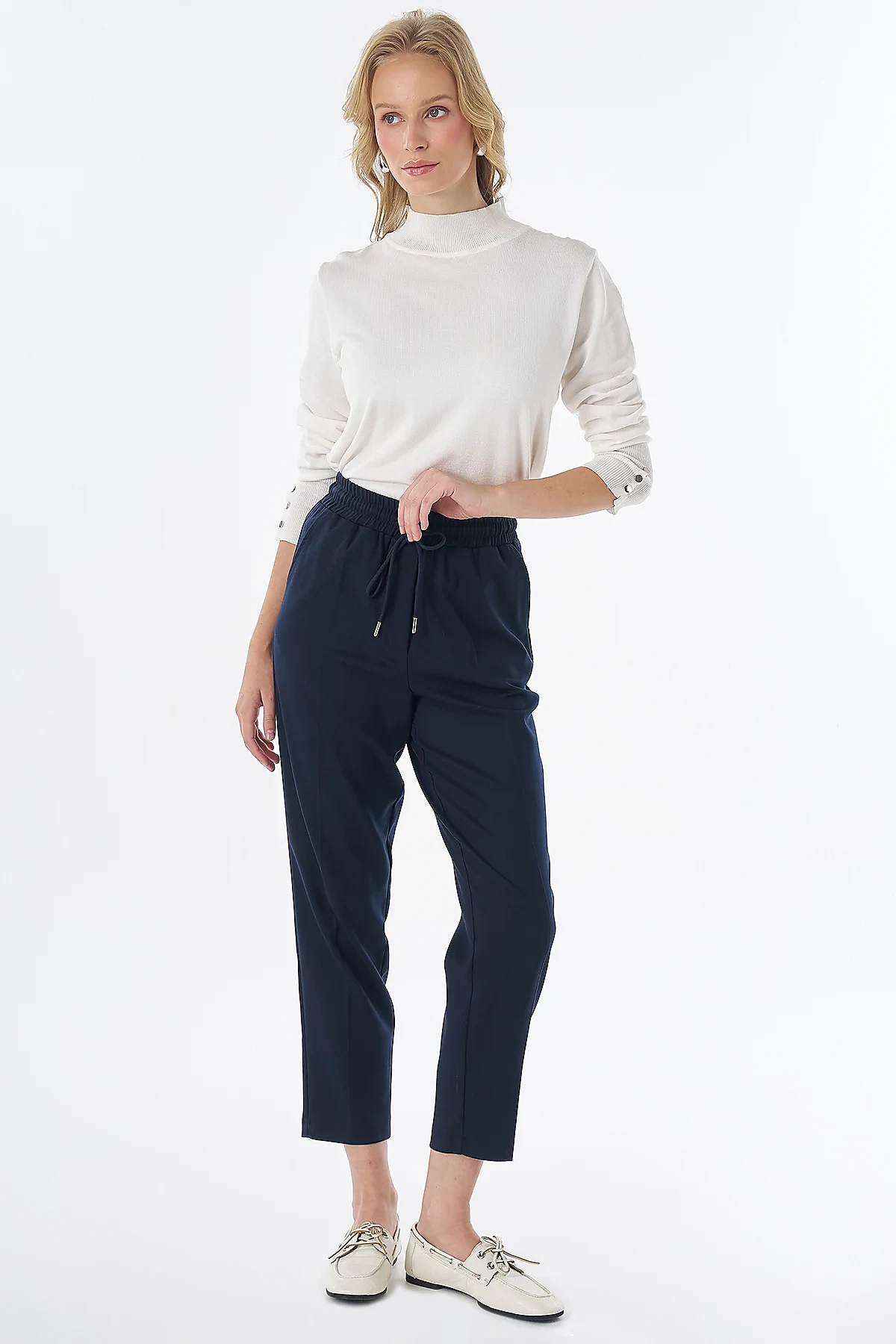 Elastic Waist Tie-Front Trousers Navy
