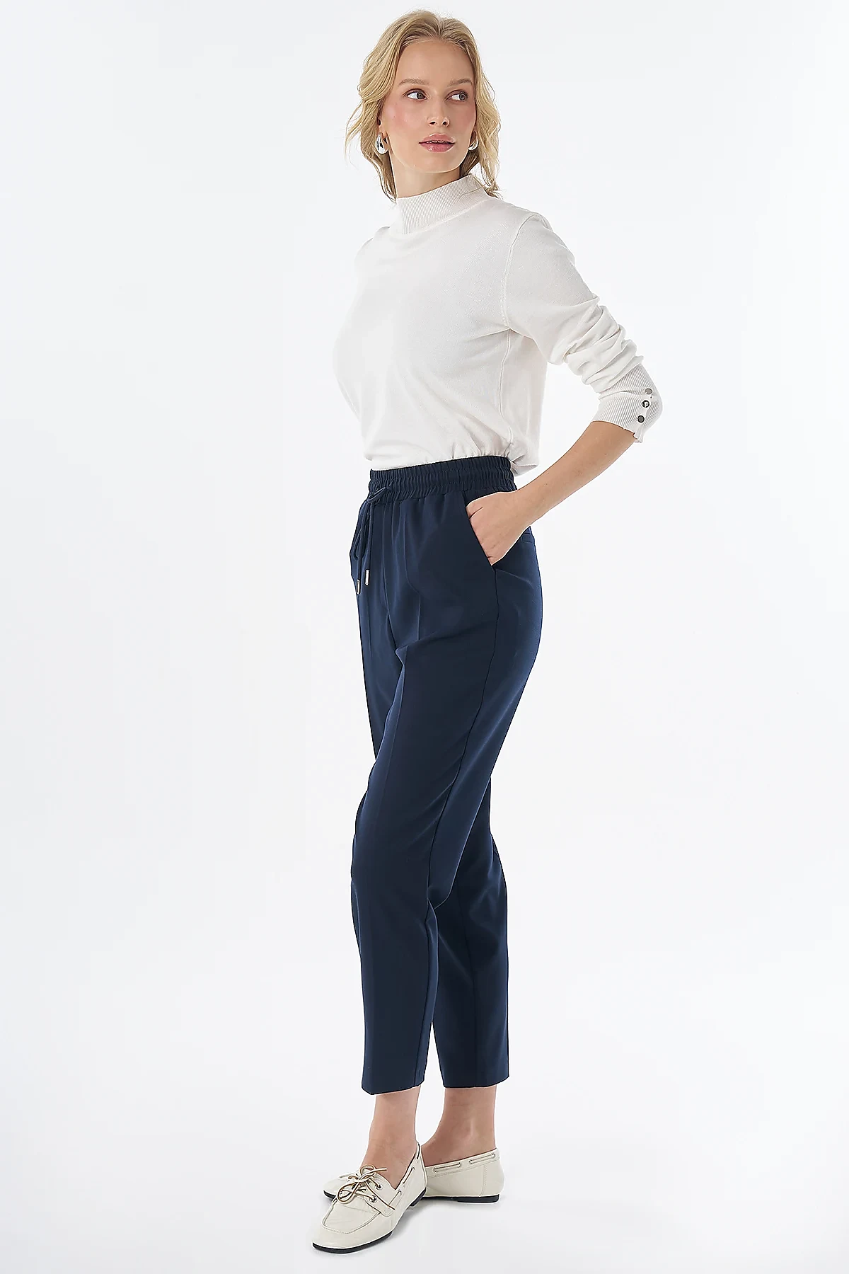 Elastic Waist Tie-Front Trousers Navy