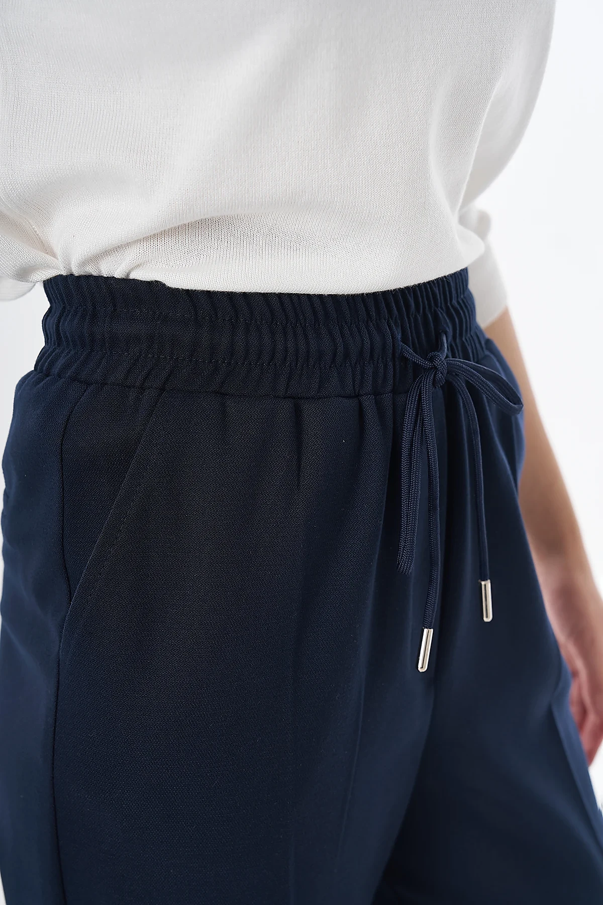 Elastic Waist Tie-Front Trousers Navy