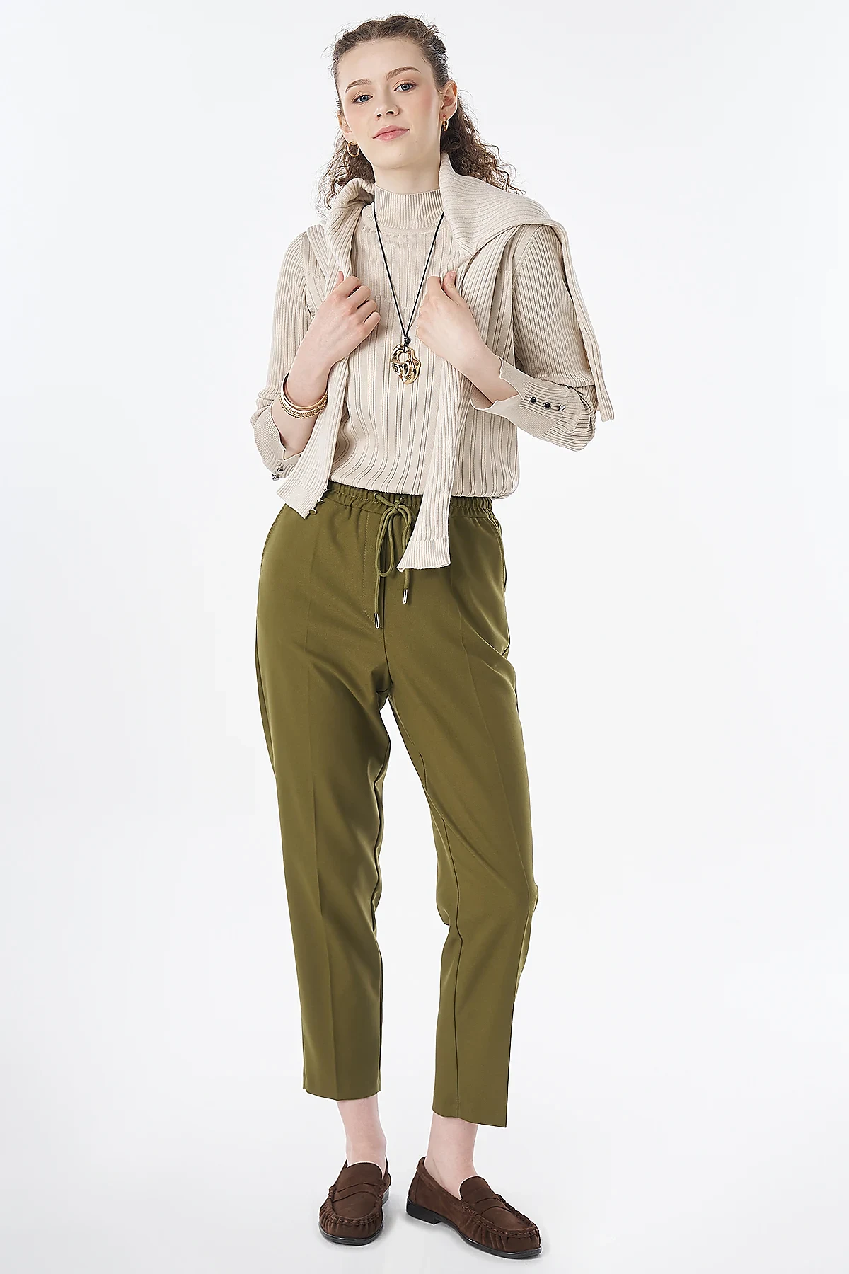 Elastic Waist Tie-Front Trousers Khaki