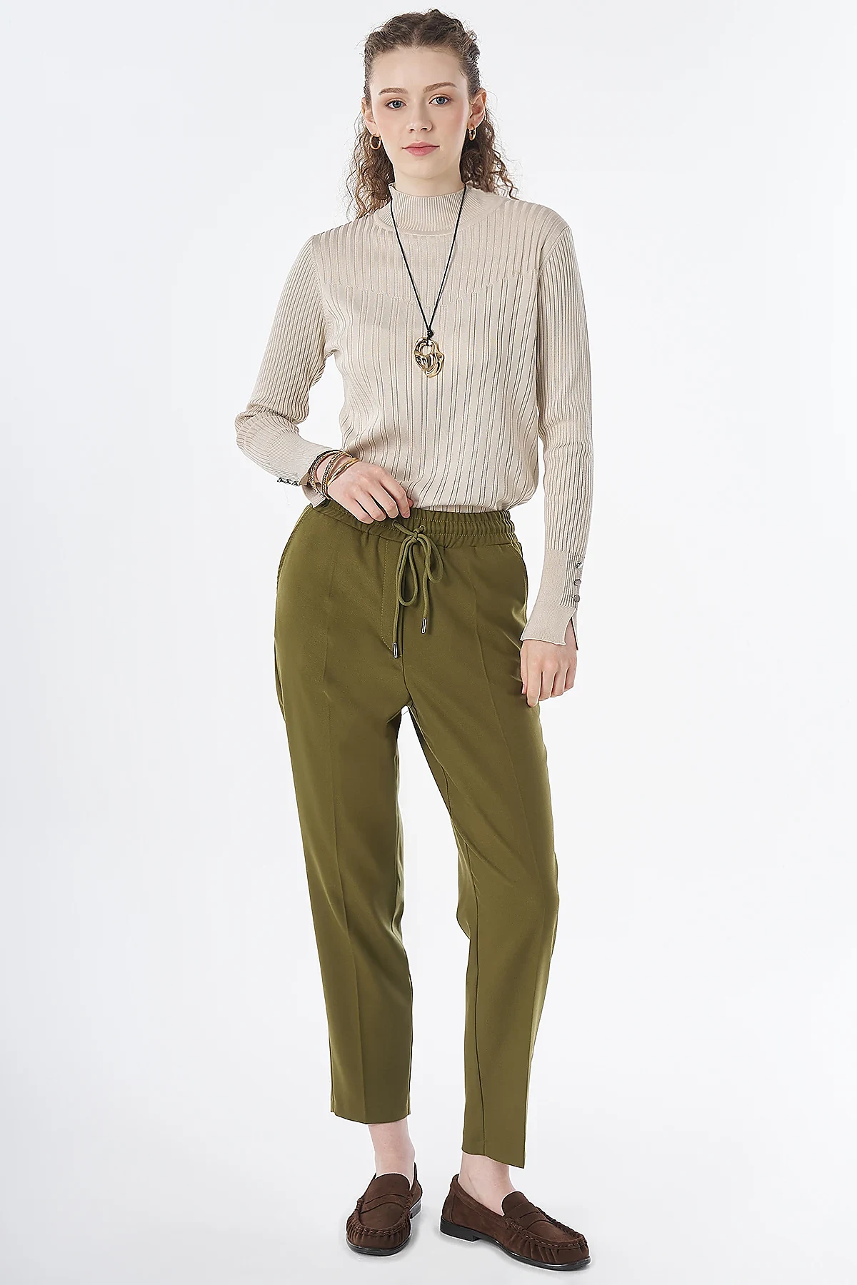 Elastic Waist Tie-Front Trousers Khaki