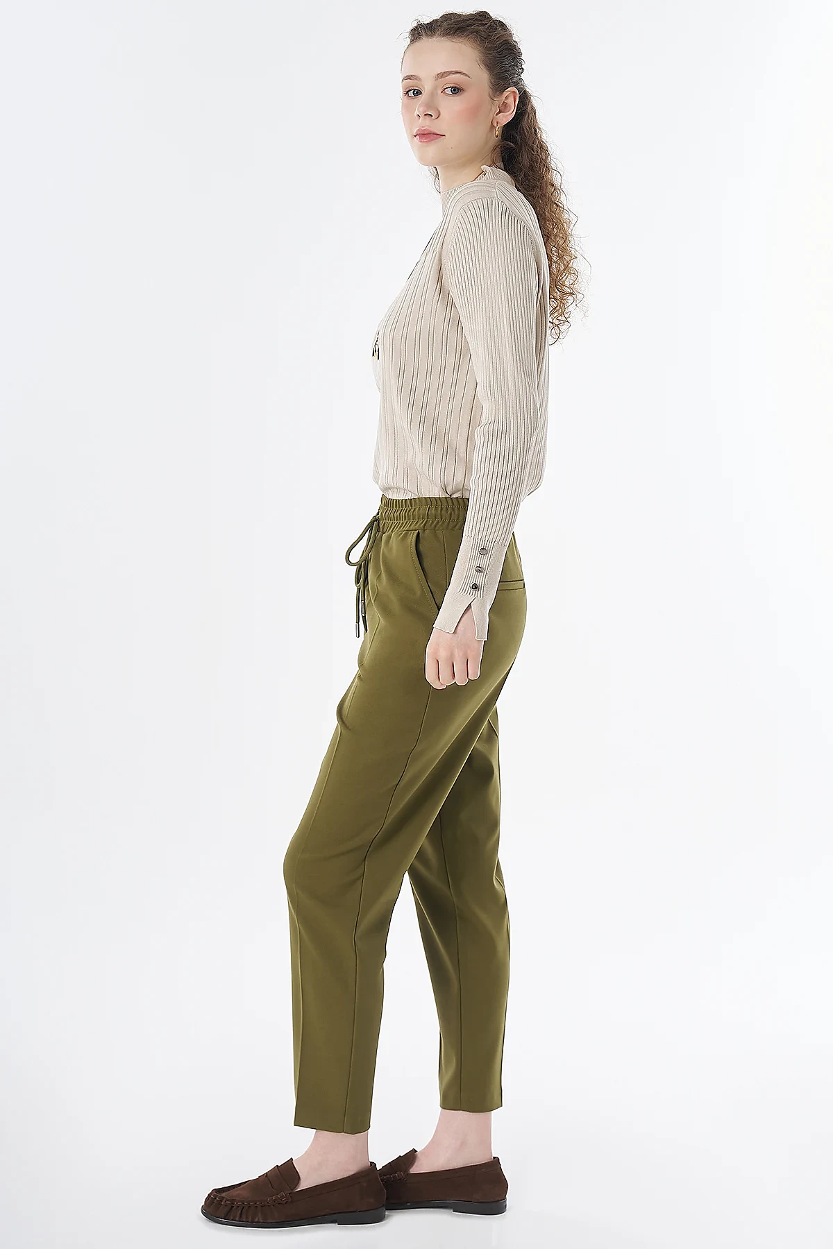 Elastic Waist Tie-Front Trousers Khaki