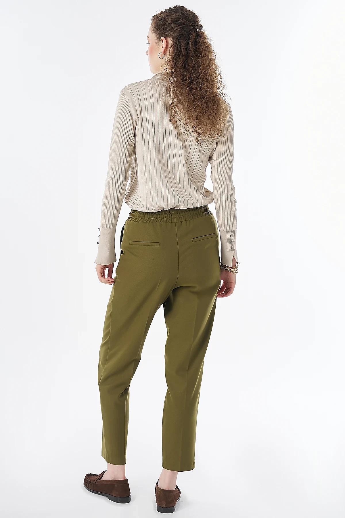 Elastic Waist Tie-Front Trousers Khaki